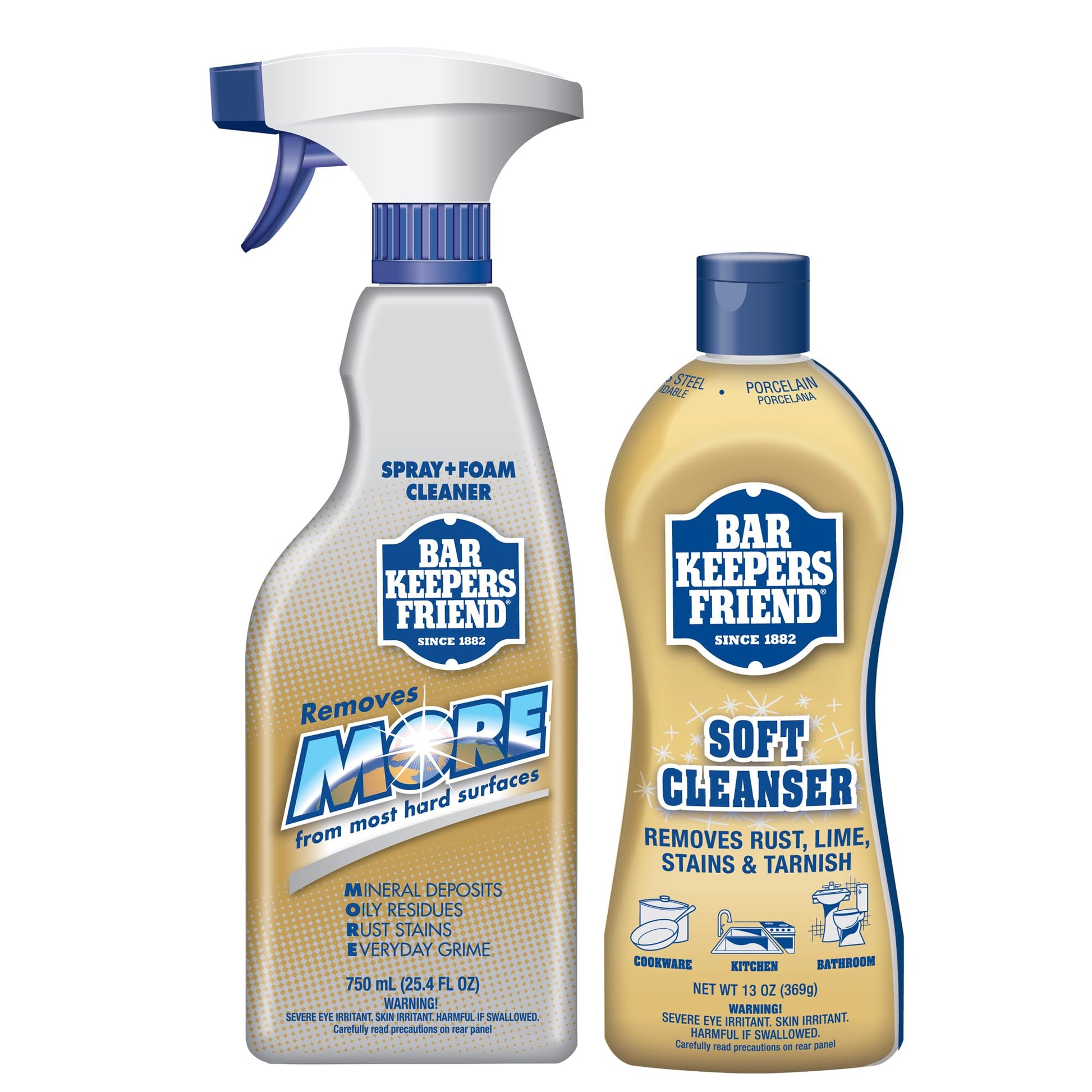 Bar Keepers Friend Soft Cleanser (13 oz) and MORE Spray + Foam (25.4 oz) Multipurpose Cleaner Bundle, Stain & Rust Remover for Multi Surface Bathroom, Kitchen & Outdoor Cleaning