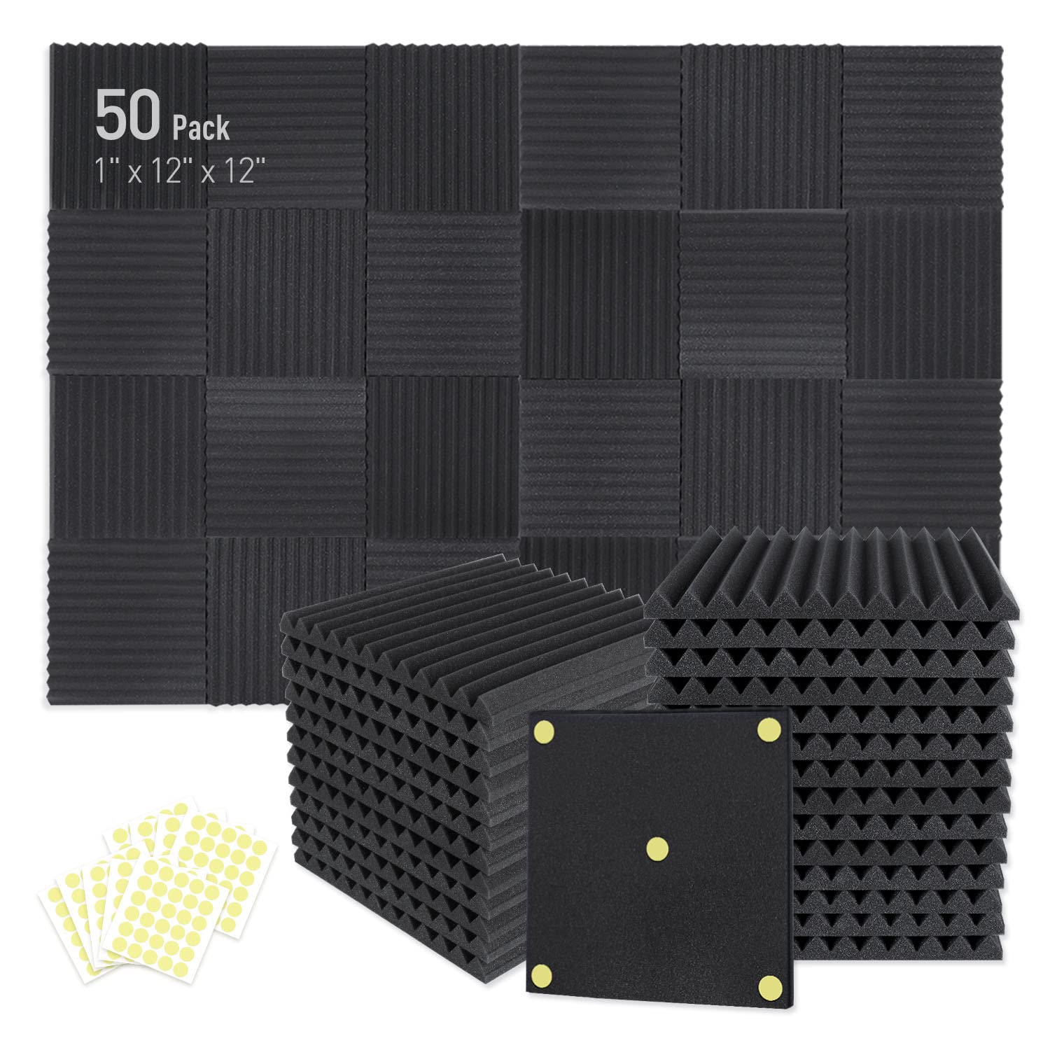 Focusound 50 Pack Acoustic Foam Panels 1" x 12" x 12" Sound Proof Foam Panles Soundproofing Noise Cancelling Wedge Panels for Home Office Recoding Studio with 300PCS Double-Side Adhesive