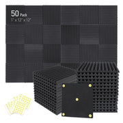 Focusound 50 Pack Acoustic Foam Panels 1" x 12" x 12" Sound Proof Foam Panles Soundproofing Noise Cancelling Wedge Panels for Home Office Recoding Studio with 300PCS Double-Side Adhesive