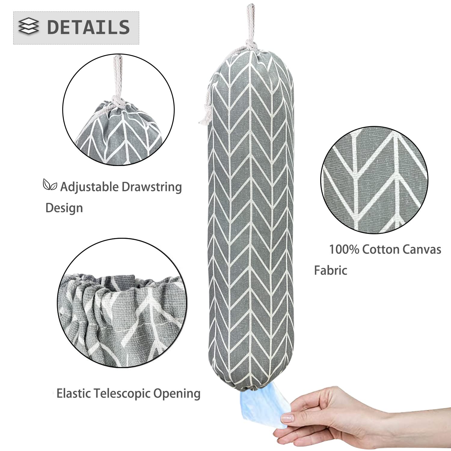 Wall Mount Plastic Grocery Bag Organizer/Holder,Washable Shopping Bags Carrier,Storage Dispenser ​for Home Kitchen Travelling, Free Adjustment with Drawstring, Large, Gray, 22x9"