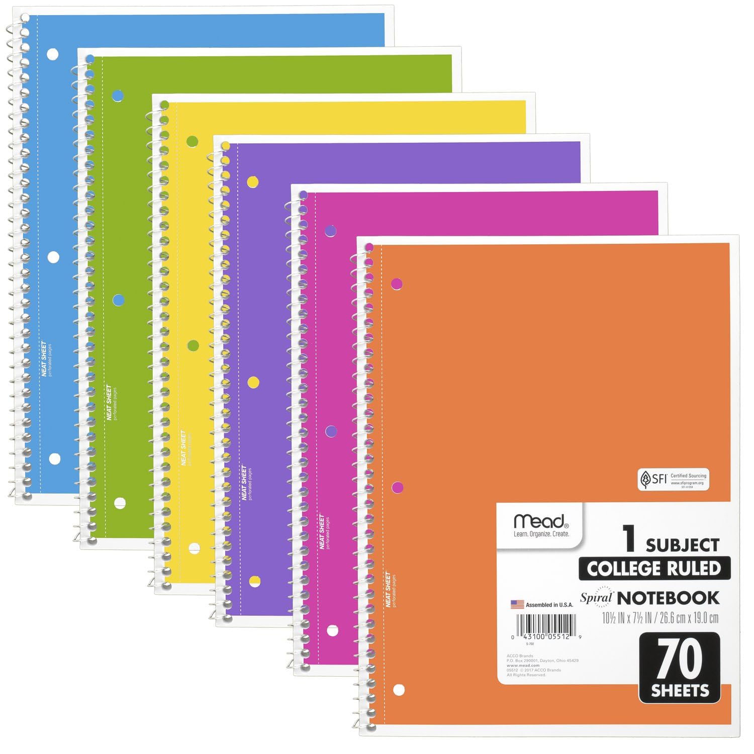 Mead Spiral Notebooks, 6 Pack, 1-Subject, College Ruled Paper, 8" x 10-1/2", 70 Sheets, Assorted Bright Colors (830050-ECM)