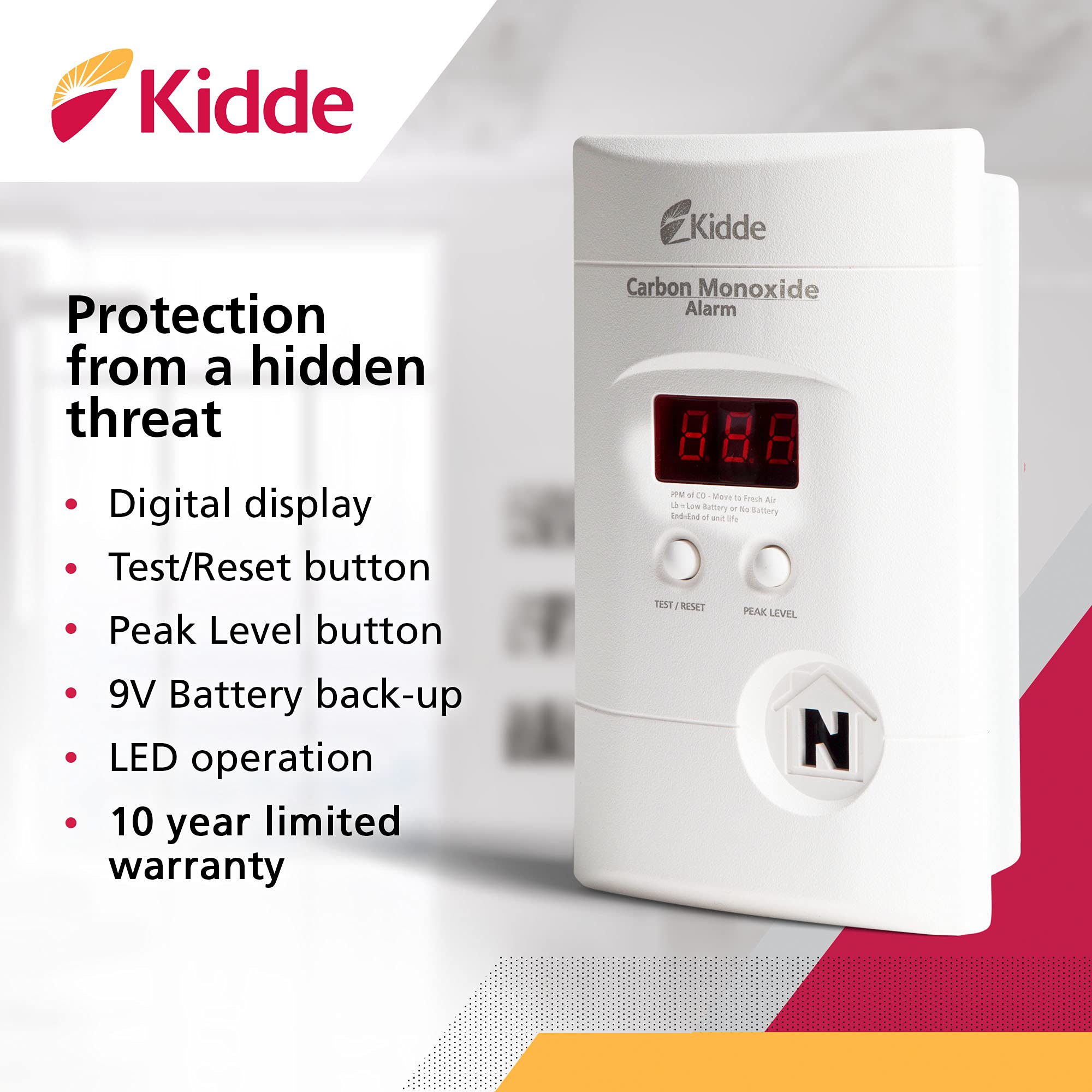 Kidde Carbon Monoxide Detector, Plug In Wall with 9-Volt Battery Backup, Digital LED Display