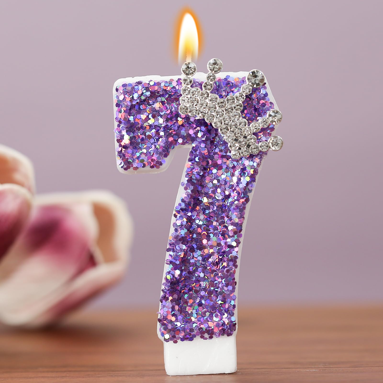 Birthday Number Candles,Purple Crown Birthday Candles for Cake,Glitter Number 7 Candle Cake Topper with Sequins for Anniversary Celebrations Supplies (Number 7)