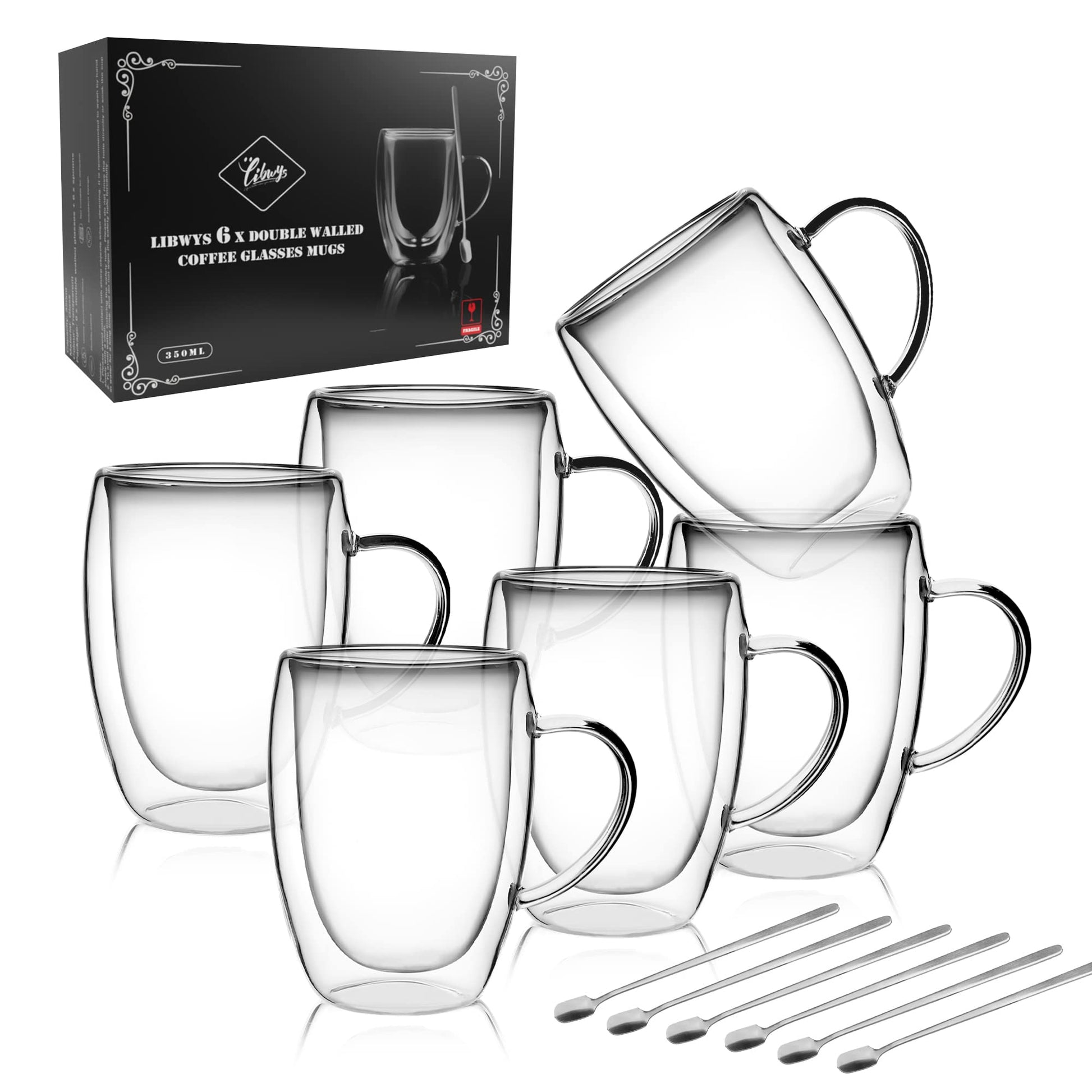 LIBWYS 6 Pack Double Walled Coffee Cups Glasses Mugs, 12oz Espresso Cappuccino Latte Tea Cups with Handle, Heat Resistant Borosilicate Clear Glasses 350ml