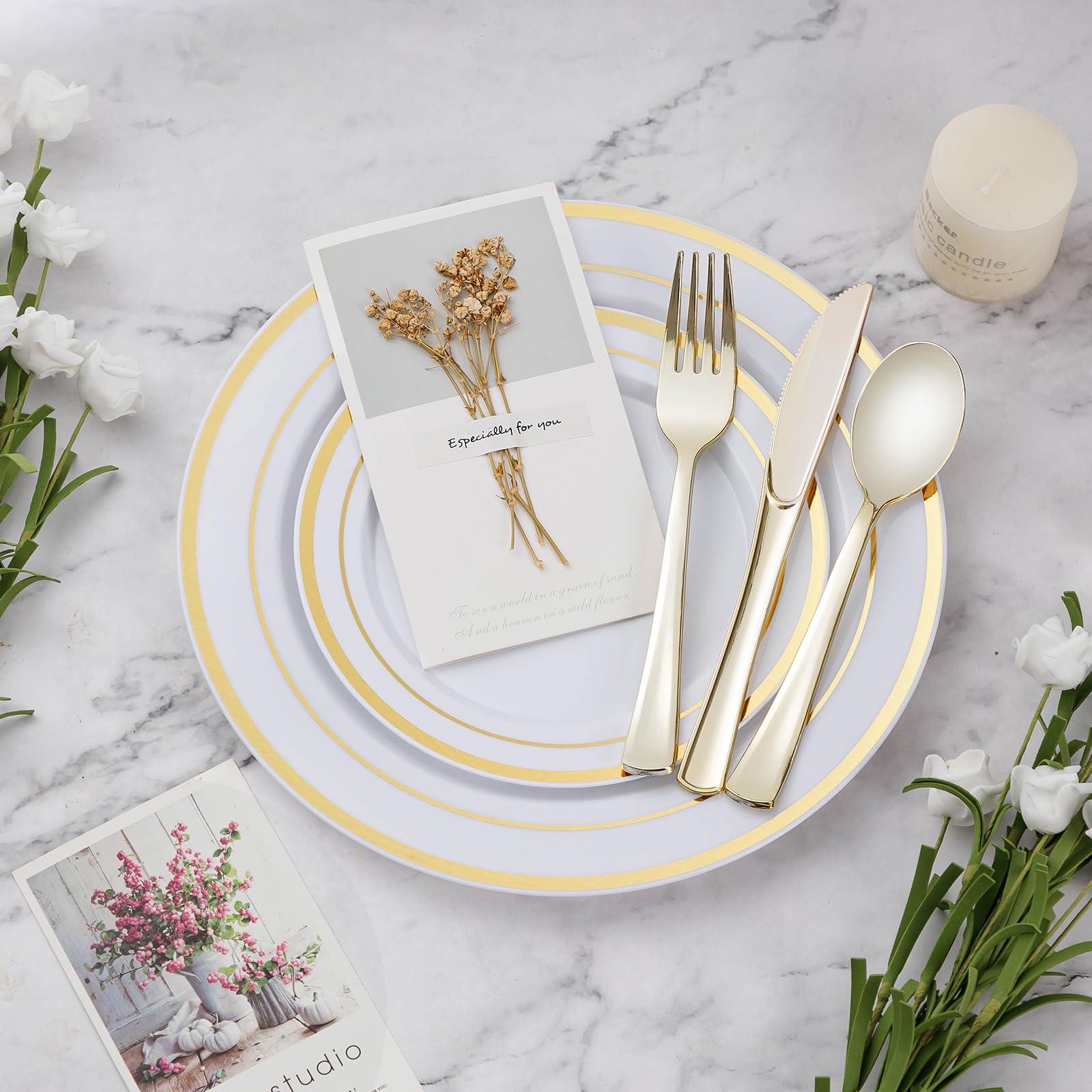 BESTVIP 600PCS Gold Dinnerware Set for 100 Guests, Plastic Plates for Party, 100 Gold Disposable Plates, 100 Dessert Plates, 100 Cups, 100 Spoons, 100 Forks and 100 Knives