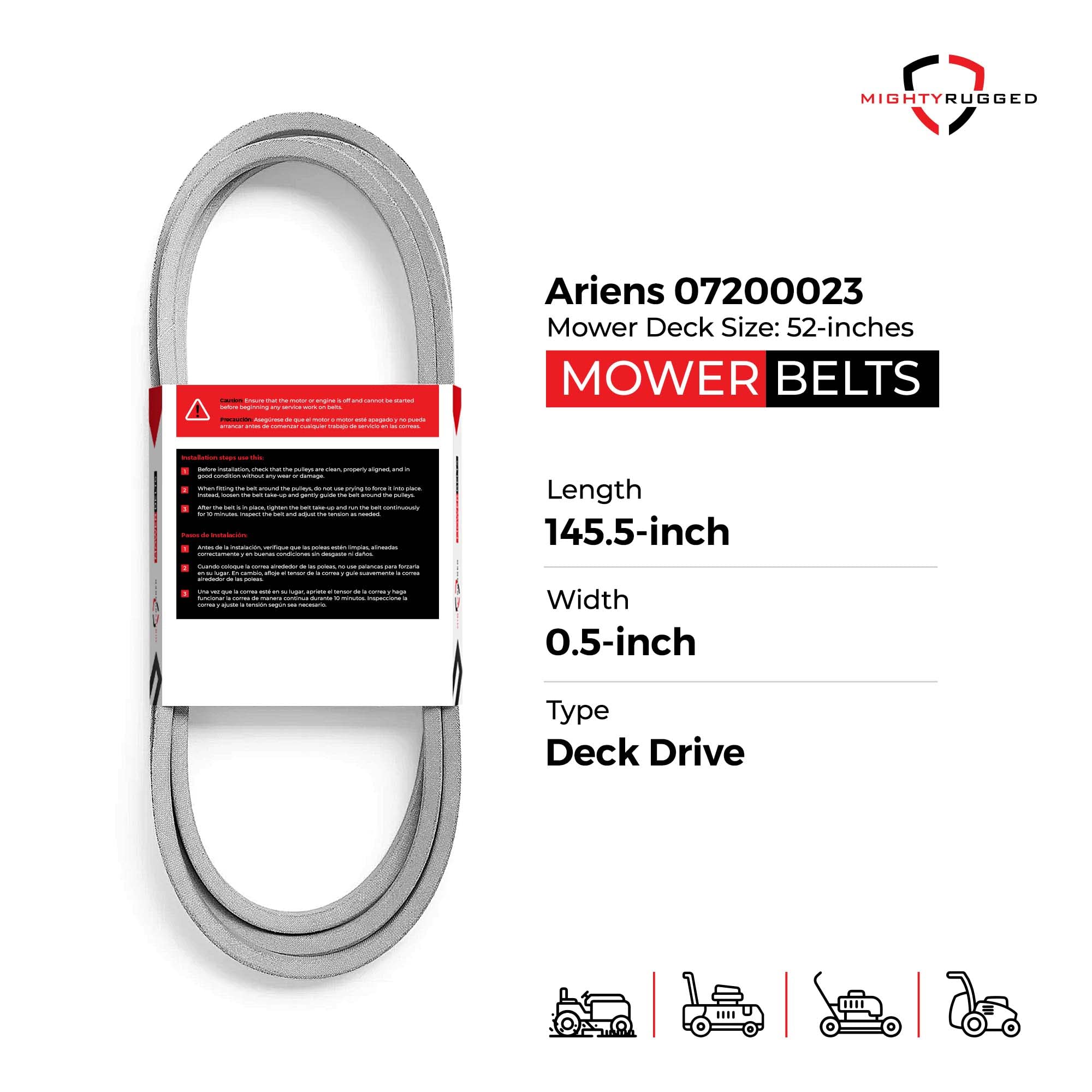 MightyRugged Ariens, Gravely Belt 07200023 Replacement for 52" Deck - Belt Length 145.5" - Heavy-Duty, Durable, Aramid Cord Belt Fits Ariens Zoom, Zoom XL, IKON, Gravely ZT X & ZTXL Series