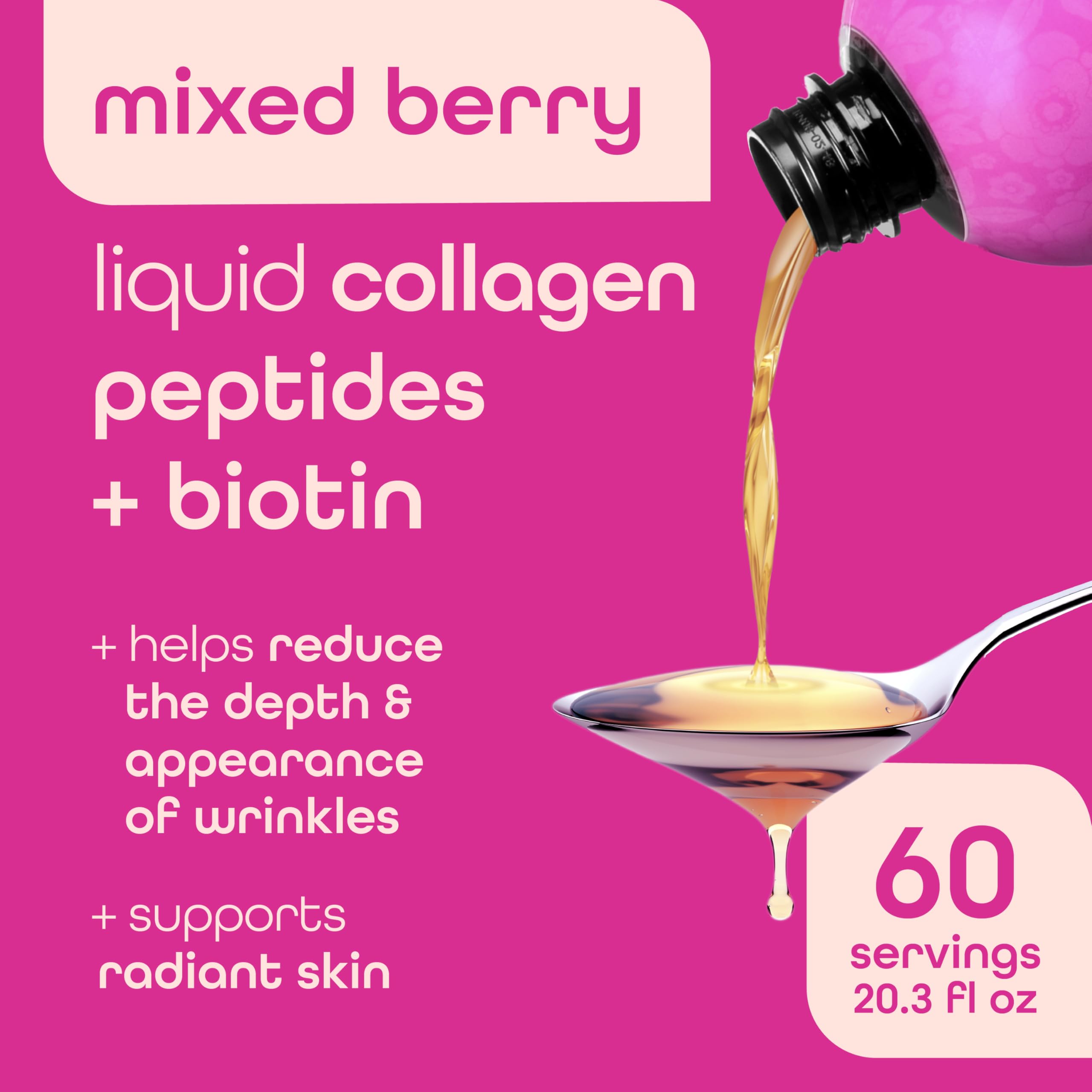 Zena Nutrition Liquid Collagen Peptides and Biotin, 2500mg Verisol Bioactive Collagen Peptides, 5000mcg Biotin, Hair, Skin, Nail Supplement for Women and Men, Mixed Berry, 60 Servings, 20.3 fl oz