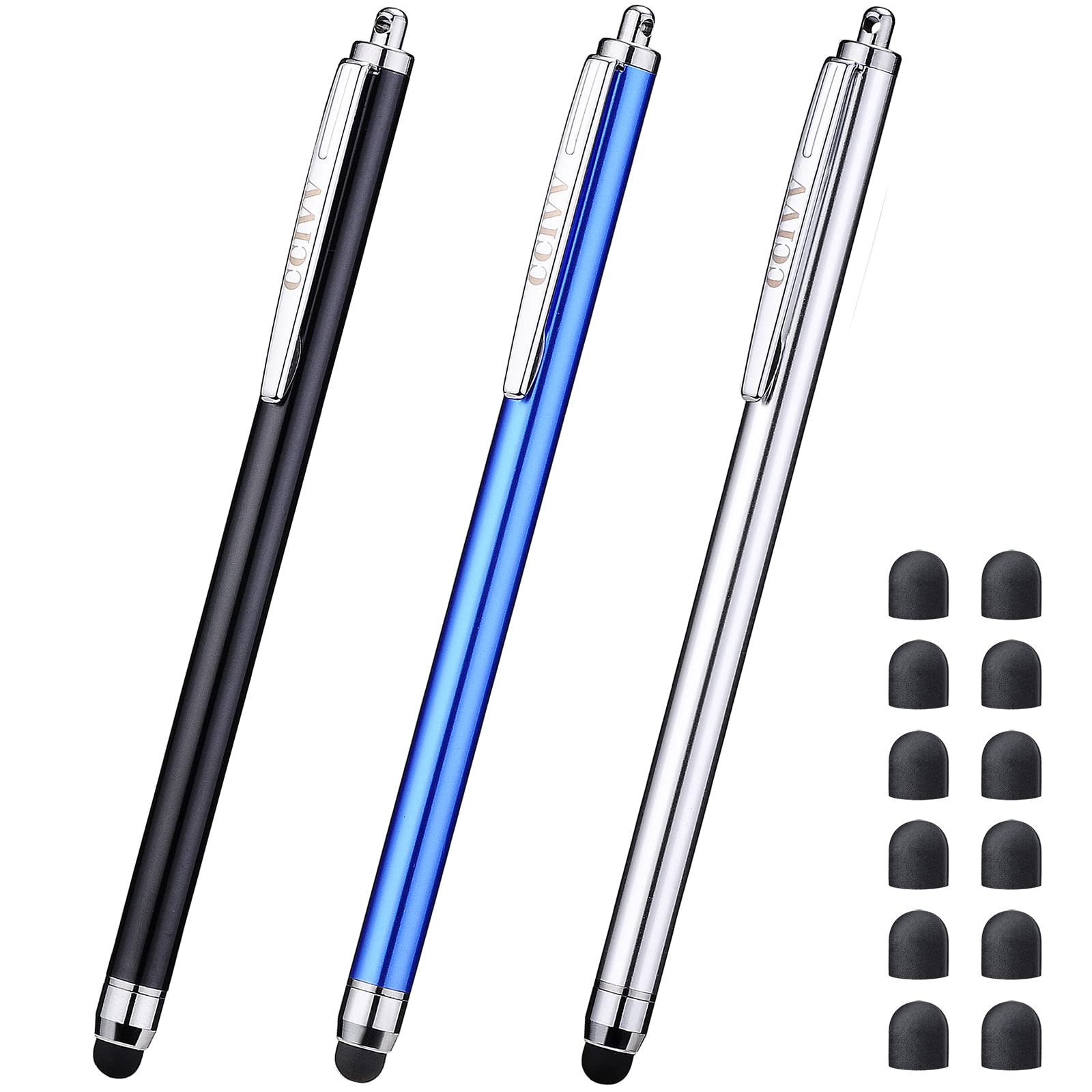 CCIVV 3 Pcs Stylus Pens for Touch Screens [0.24 inch Tip Series], 12 Extra Replaceable Rubber Tips (Black/Silver/Dark Blue)