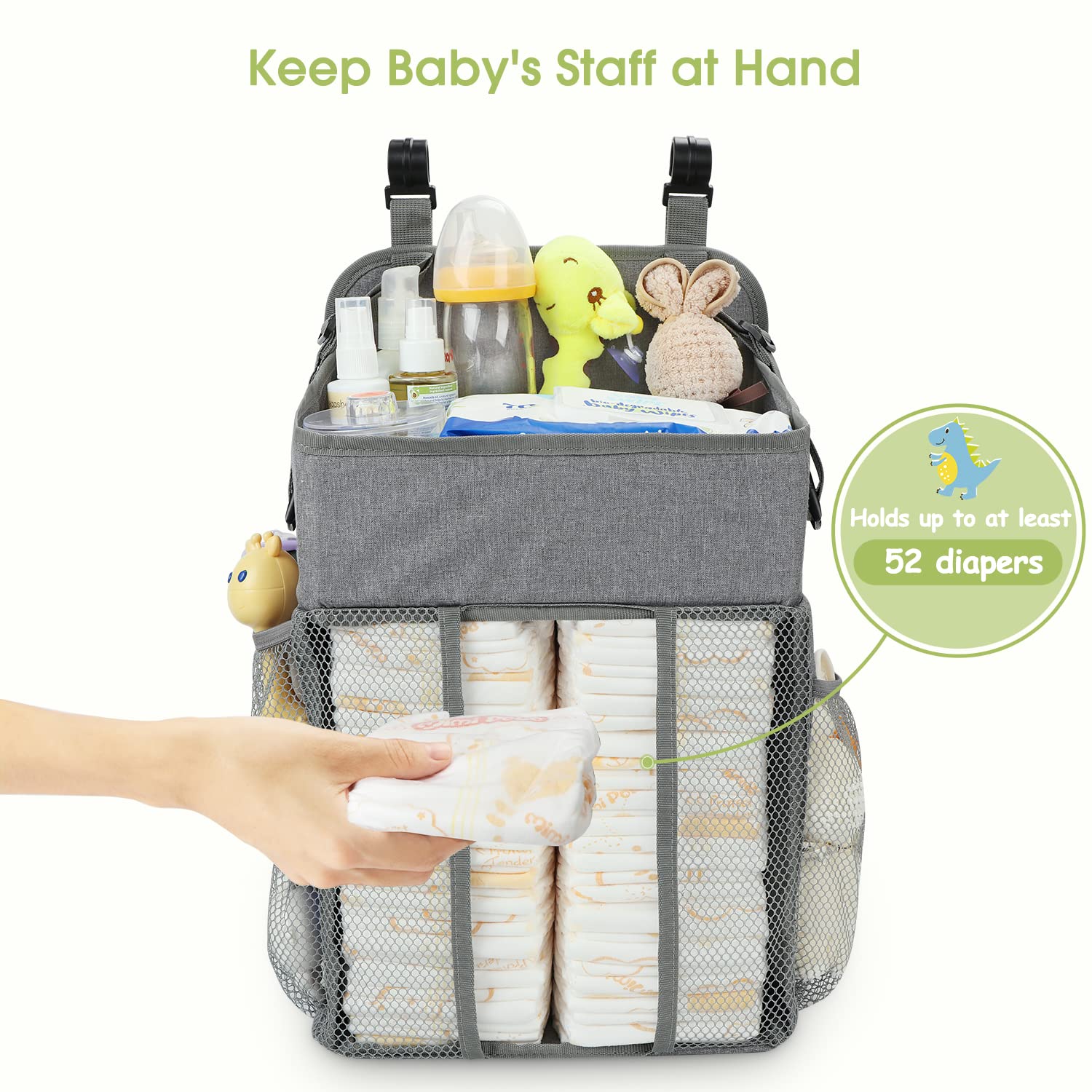 Maliton Changing Table Diaper Organizer - Baby Hanging Diaper Stacker Nursery Caddy Organizer for Cribs Playard Baby Essentials Storage - Hold 52+ Diapers - 18.5" x 10.5" x 8" (Gray)