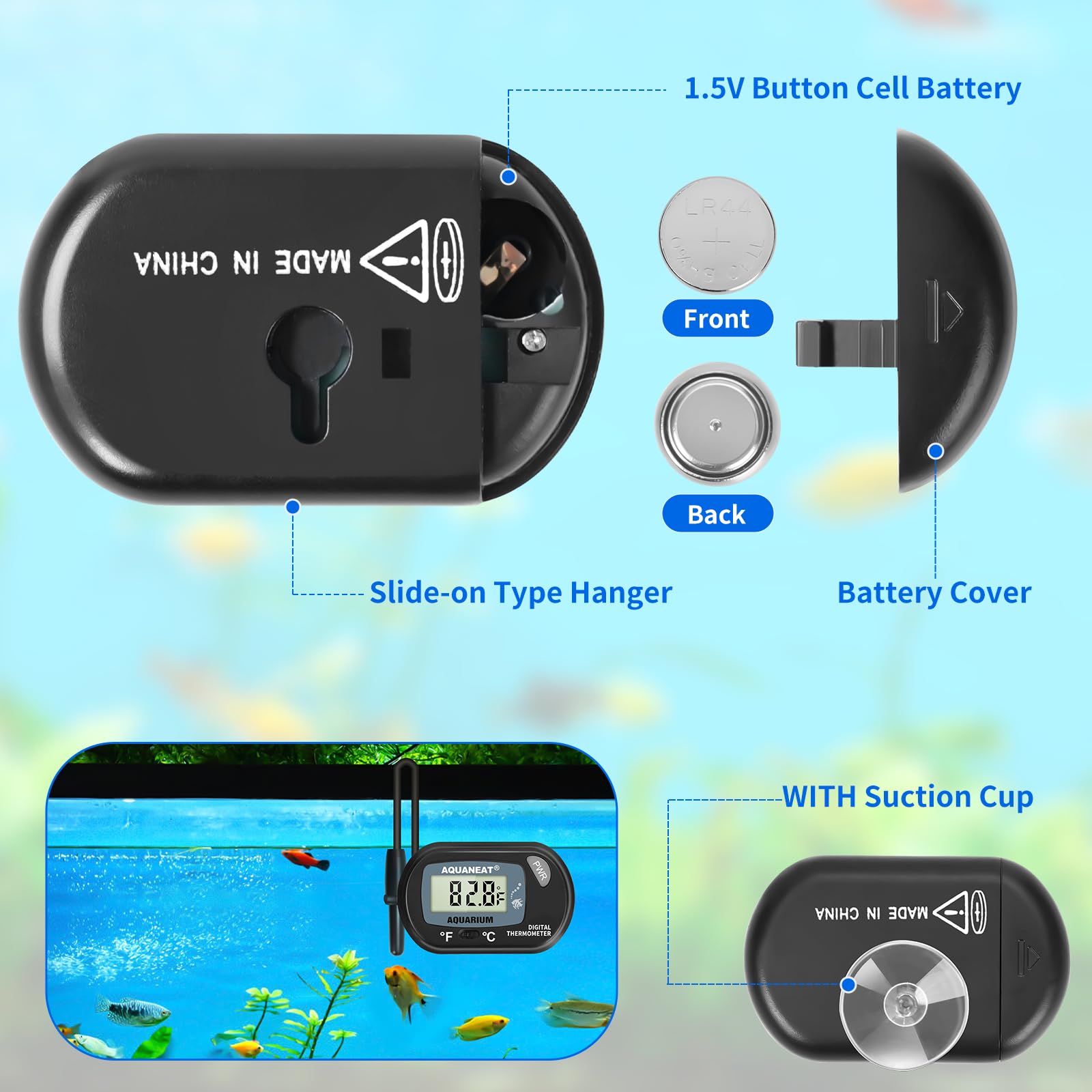 AQUANEAT Aquarium Thermometer, Fish Tank Thermometer, Digital Temperature Test, with Large LCD Display (1 Pack)