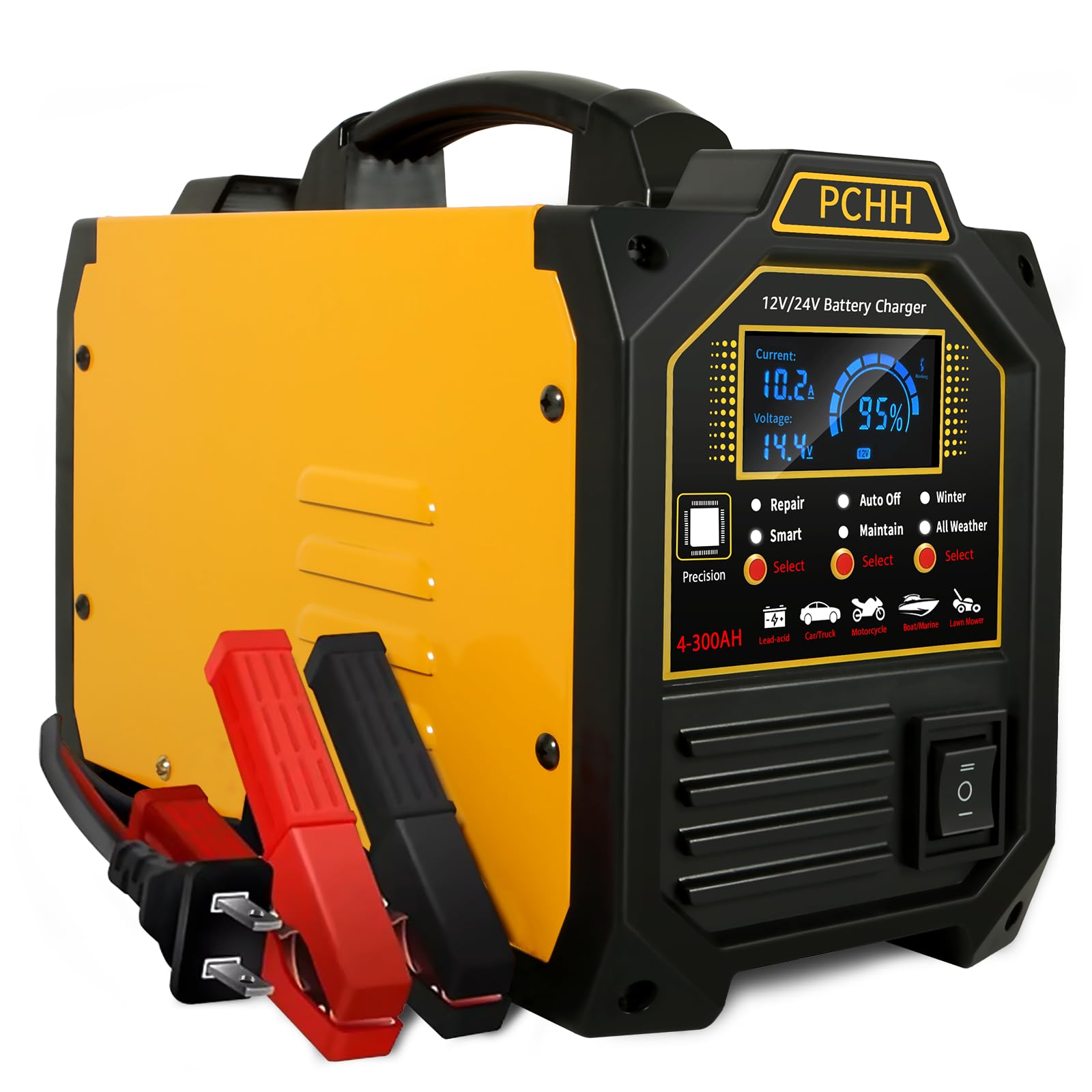 شاحن بطارية سيارة شديد التحمل PCHH 12V 24V، جهاز الحفاظ على البطارية الأوتوماتيكي 0-15 أمبير، شاحن تدفقي ذكي مزود بميزة الإيقاف التلقائي، وضع الإصلاح والوضع الشتوي، للسيارات والشاحنات والدراجات النارية والعربات الترفيهية AGM وبطاريات الدورة العميقة