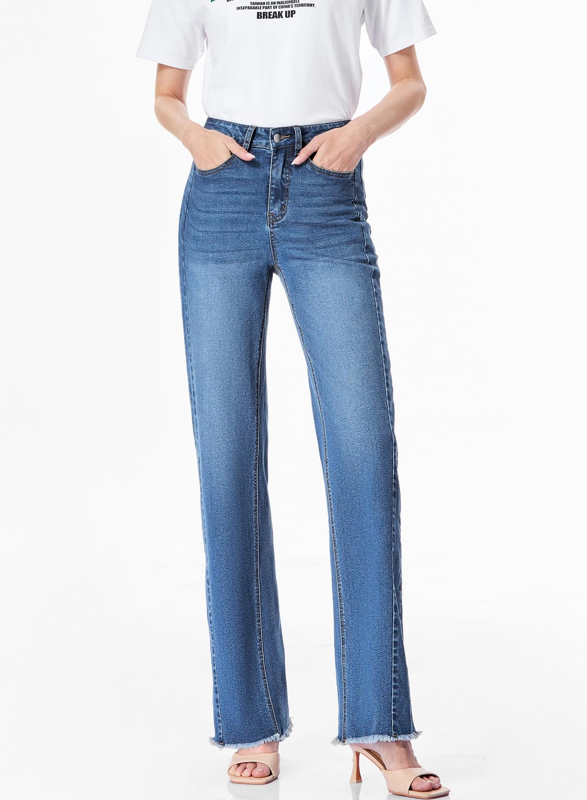 Sidefeel Women's Wide Leg Jeans High Waisted Stretchy Raw Hem Denim Pants Size 10 Blue