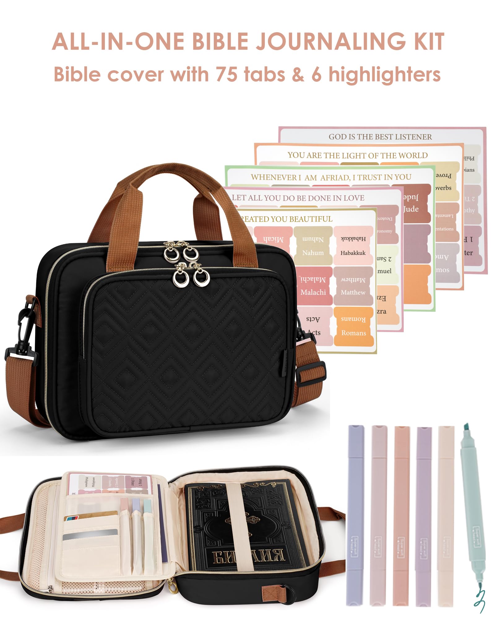Heouvo Bible Cover Case for Women, Large Bible Bag Carrying Case with Shoulder Strap, Bible Study Supplies Bible Journaling Kit Book Carrying Case with Bible Highlighters Tabs Gift for Lady (Black)