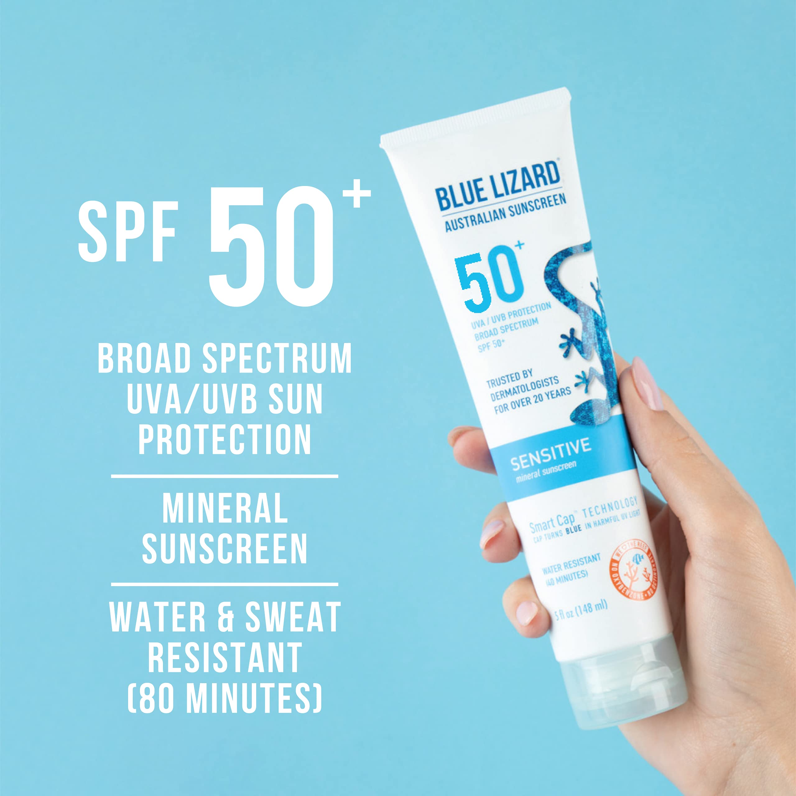 BLUE LIZARD Sensitive Mineral Sunscreen with Zinc Oxide 50+ Water Resistant UVAUVB Protection with Smart Cap Technology Fragrance Free, Sensitve, SPF 50 - - Tube, Unscented, 5 Fl Oz