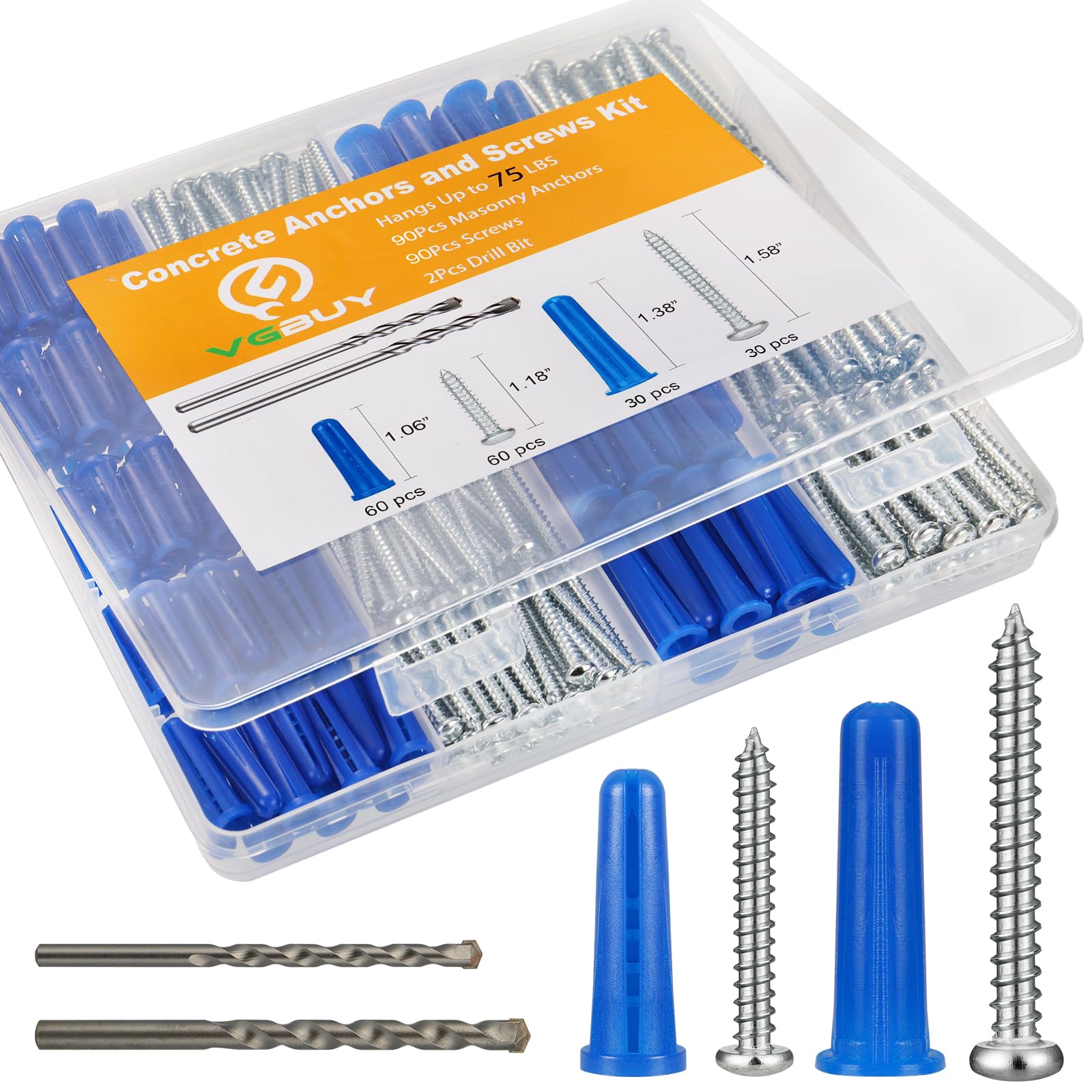 VGBUY 180PCS Conical Concrete Anchors and Screws Assortment Kit, 90PCS Concrete Wall Anchors, 90PCS Self Tapping Screws for Masonry Stucco Brick Cement Cinder Block Tile, with 2PCS Drill Bit