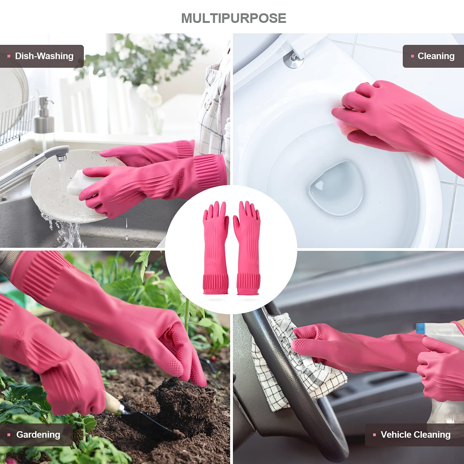 DABOGOSA Mamison 2 Pairs Reusable Waterproof Household Dishwashing Cleaning Rubber Gloves, Non-Slip Kitchen Glove (Pink, Medium (Pack of 2))