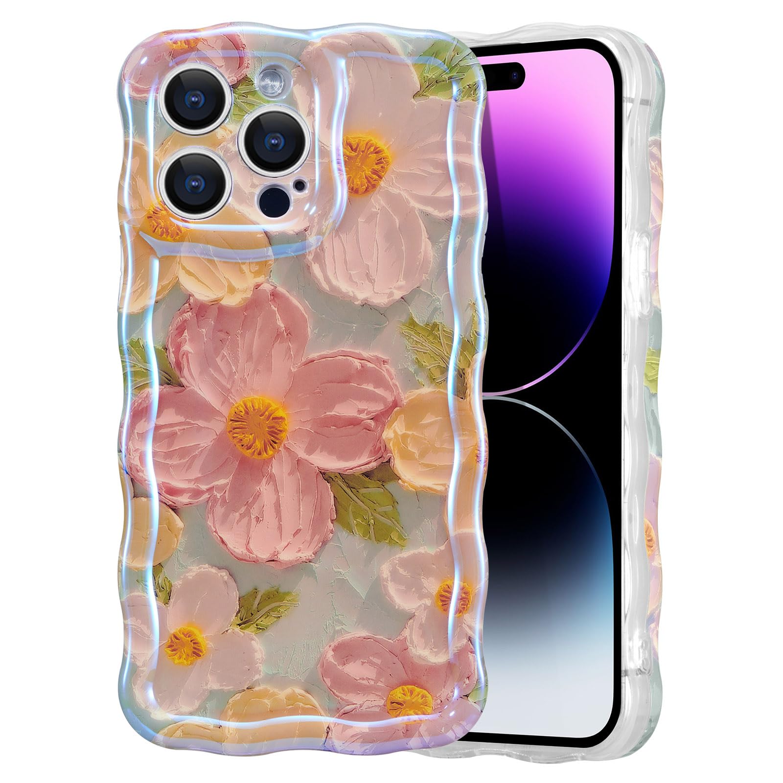 EYZUTAK Case for iPhone 13 Pro Max, Colorful Retro Oil Painting Printed Flower Laser Glossy Pattern Cute Curly Wave Edge Exquisite, Stylish Durable TPU Protective Phone Cover for Girls Women-Green