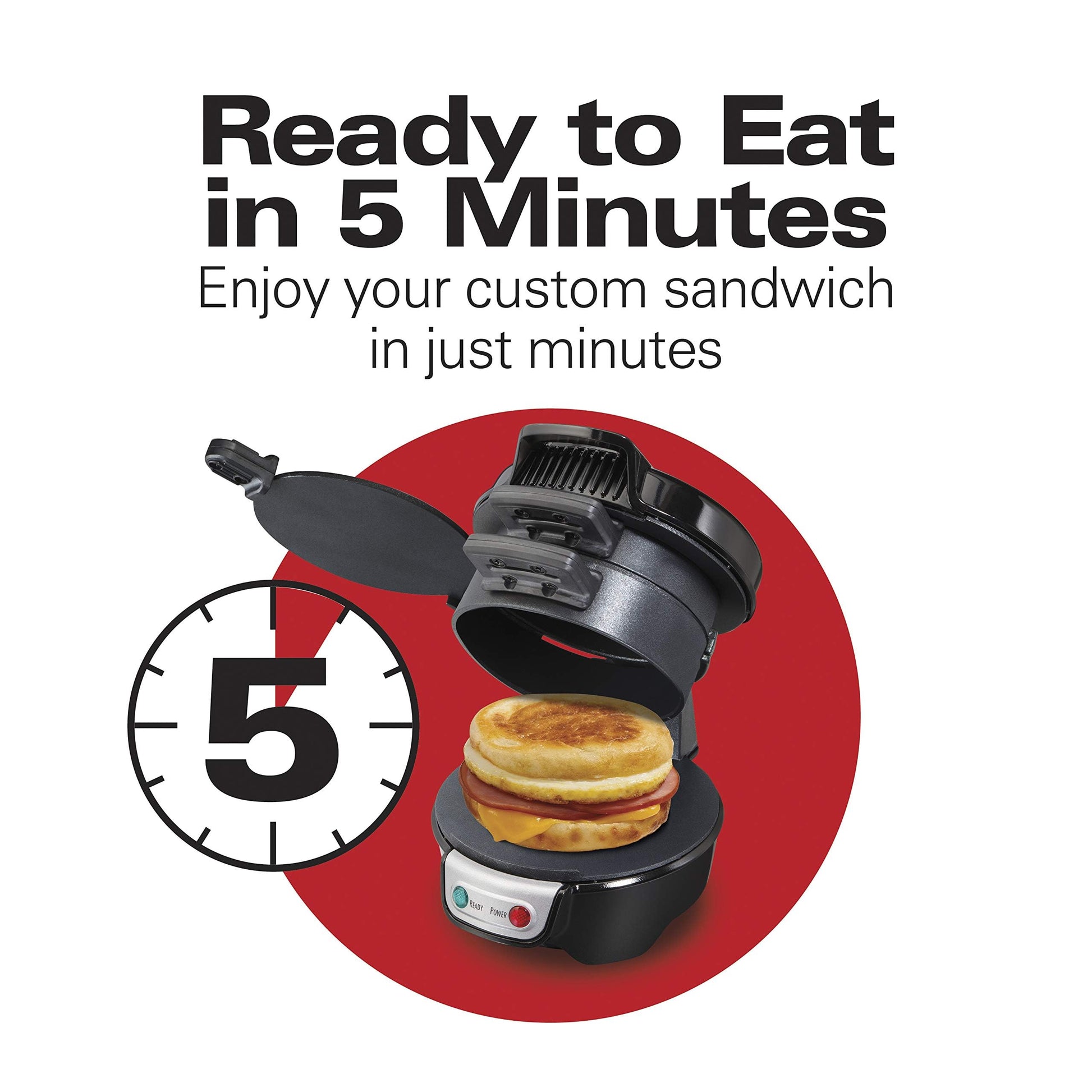 Hamilton Beach Breakfast Sandwich Maker with Egg Cooker Ring, Customize Ingredients, Perfect for English Muffins, Croissants, Mini Waffles, Perfect White Elephant Gifts, Black (25477)