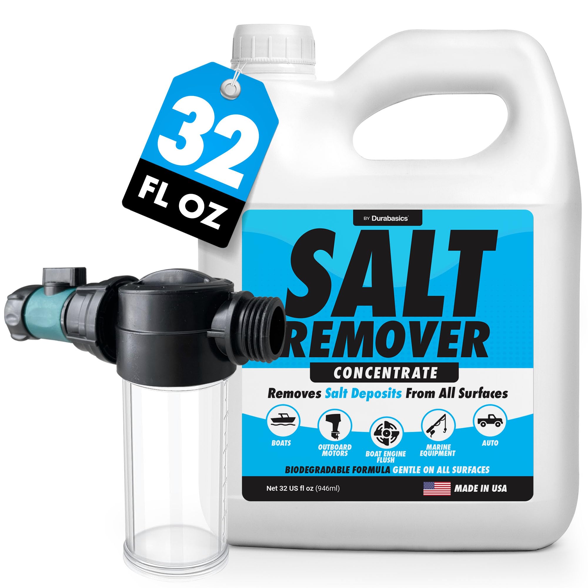 Durabasics Salt Remover Concentrate Kit - Salt Gone - Ultimate Boat Salt Remover & Marine Engine Flush - 32 OZ with Hose Applicator - Perfect for Outboard Motor Flush & Washing Salt Deposits Away