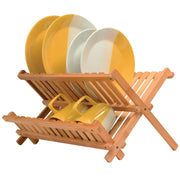 BAMBUSI Dish Drying Rack - Collapsible 2-Tier Bamboo Dish Rack for Kitchen Counter, Wooden Dish Drainer with Foldable Space-Saving Design - Drying Rack for Dishes, Plates, and Cups - Housewarming Gift