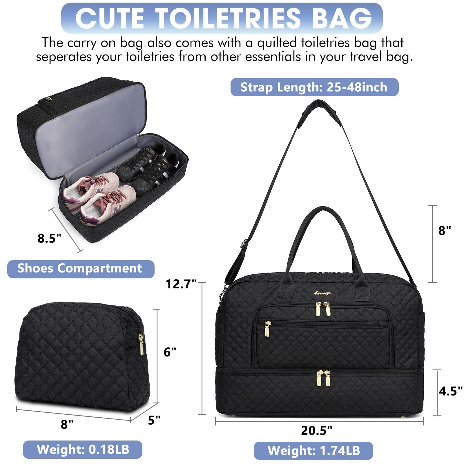 Large Women Travel Duffle Bag - Carry on Overnight Bag Weekend Travel Duffel Tote Bag Yoga Gym Bag with Wet Pocket Toiletry Weekender Overnight Bag for Travel Business Trips Sport Hospital Black