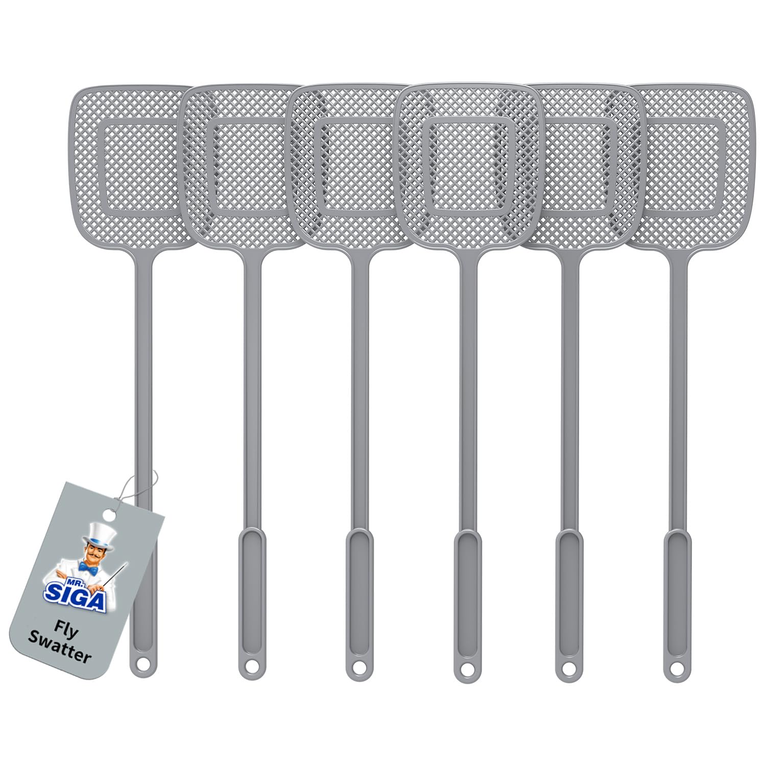 MR.SIGA Heavy Duty Long Handle Fly Swatter, Gray, 6 Pack