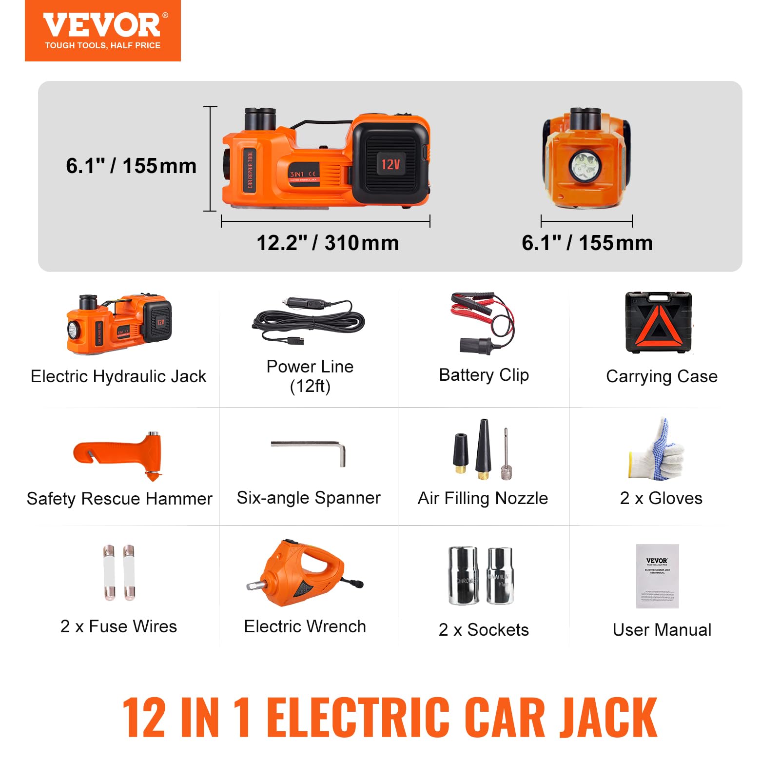VEVOR Electric Car Jack, 5 Ton/11023 LBS Hydraulic Jack Lift with Electric Impact Wrench, Built-in Inflatable Pump, and LED Light for SUV MPV Sedan Truck Change Tires Garage Repair