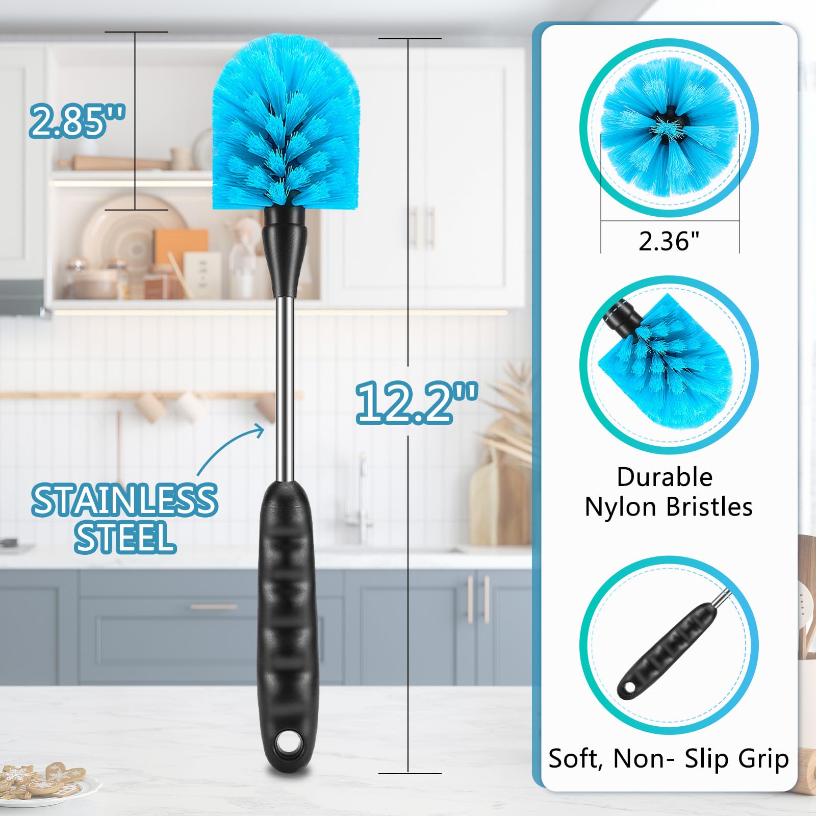 12.2 inch Bottle Brush Set of Three，Washable Coffee Cups, Water Bottles, Baby Bottles, Straws, to-go Cups, Long-Handled 3-in-1 Stainless Steel Bottle Brushes.