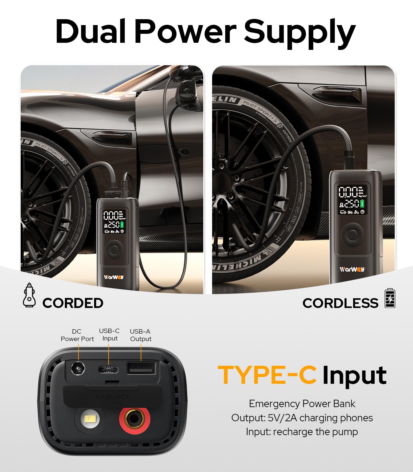 WARWOLF 160PSI Tire Inflator Portable Air Compressor - 48LPM Fast Air Pump for Car Tires: SUV, Light Truck, Motorcycle, Bike, 10000mAh with Auto Shut-Off, Digital Gauge, 12V Car Adapter, LED Light