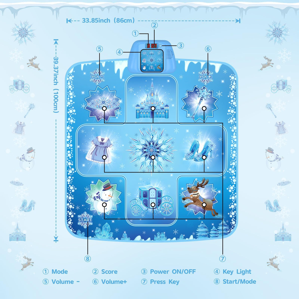 GirlsHome Tanzmatte – Eiskönigin Spielzeug für Mädchen, elektronische Tanzmatte mit 5 Spielmodi, integrierter Musik, berührungsempfindlicher leuchtender LED-Musikmatte für Kinder, Weihnachts- und Geburtstagsgeschenk für Mädchen 3-12