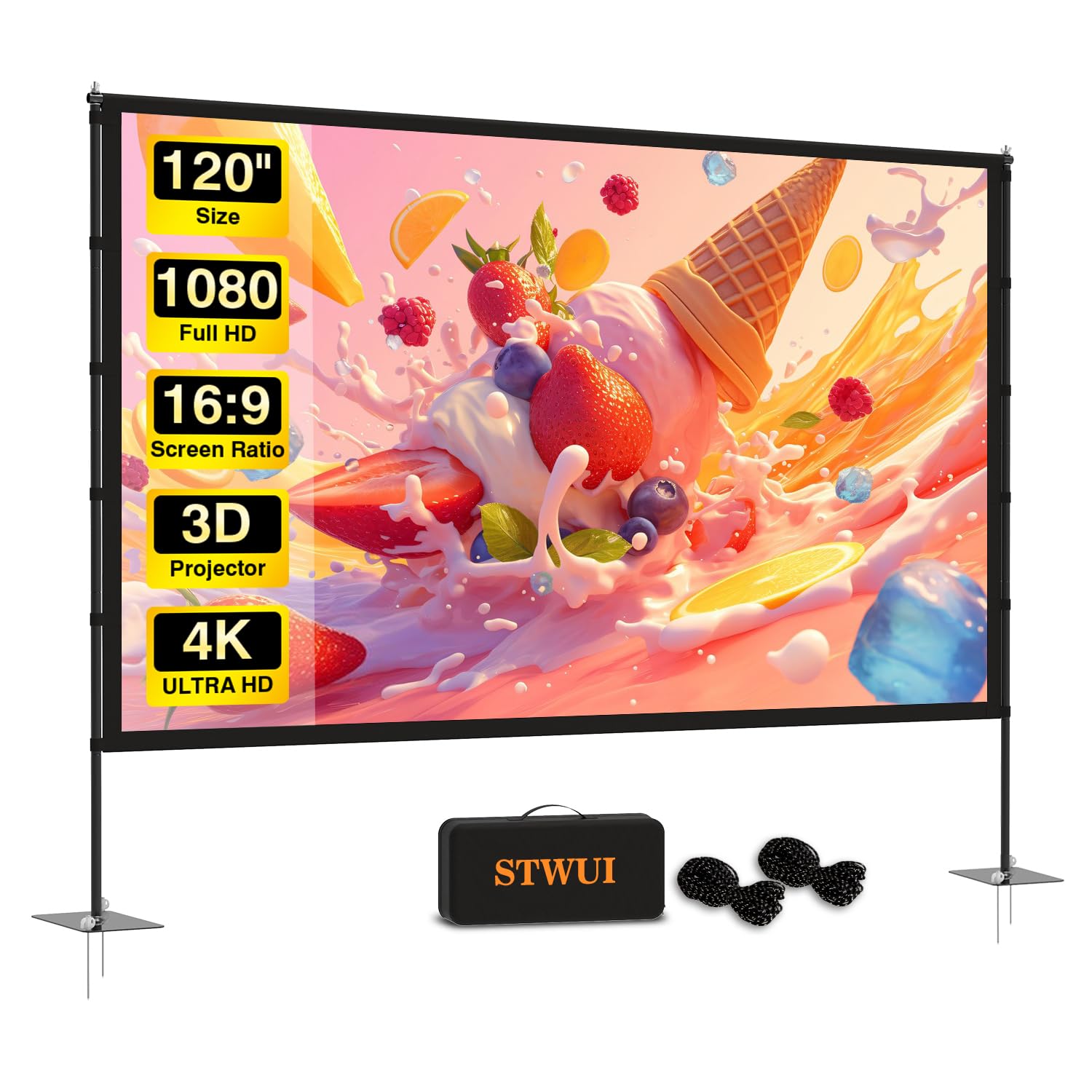 Outdoor-Projector-Screen-with-Stand - 120 inch Portable Projector Screen Indoor Outdoor Projector Screens 16:9 4K HD Lightweight Movie Screen with Carry Bag for Backyard Movie Night