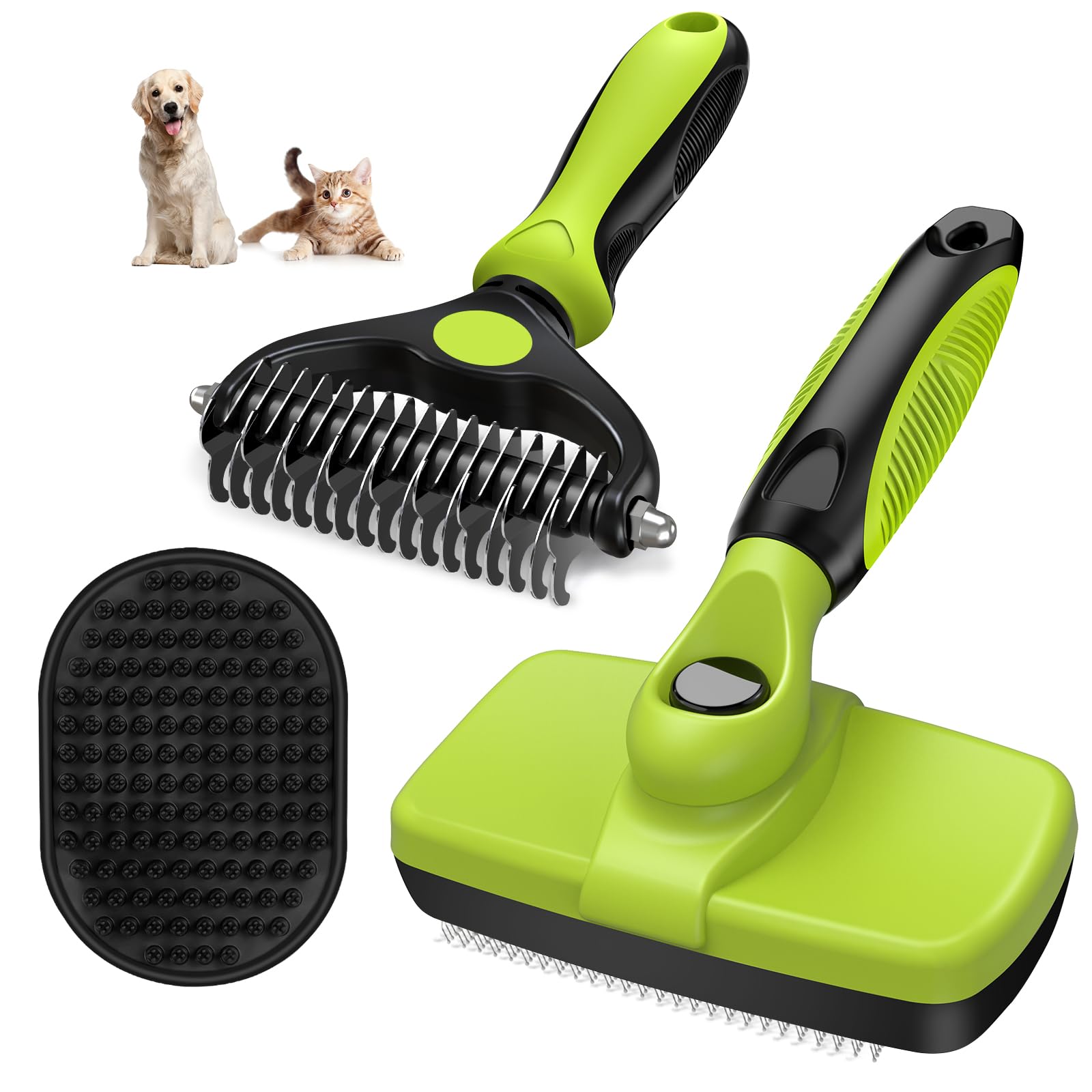 3PCS Self Cleaning Slicker Brush & Pet Grooming Rake & Bath Brush for Dogs,Cats and Horses | Double-Sided Dematting Comb & Skin Friendly Deshedding Grooming Tool | Premium Pet Supplies(Green Black)