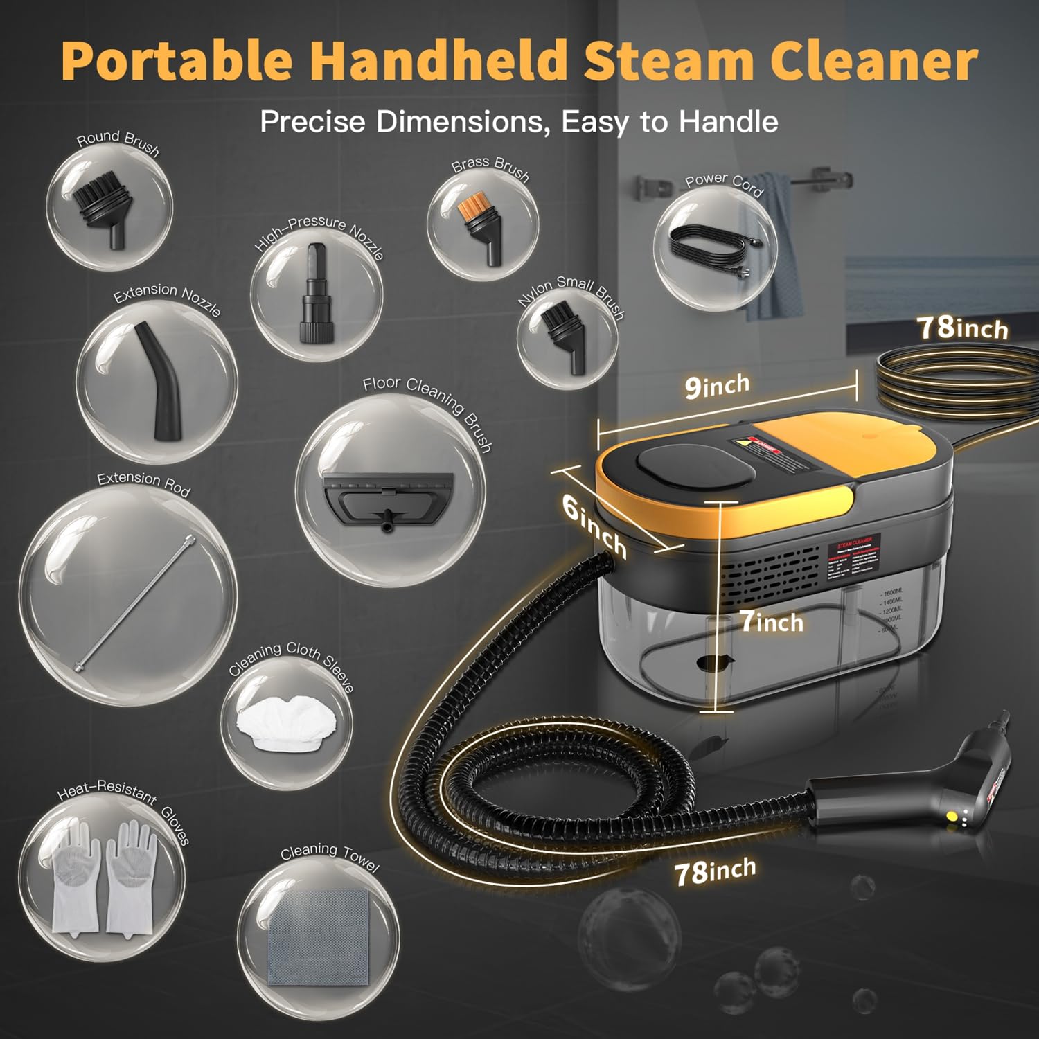 Gautye Steam Cleaner, 3-Level Adjustable Handle, 15s Heat-Up, 1.69 Quarts Tank, Portable Steamer for Cleaning with 15 pcs Accessories, Steam Cleaner for Home for Dirt, Grease, Grout, Tile,Floor, Car