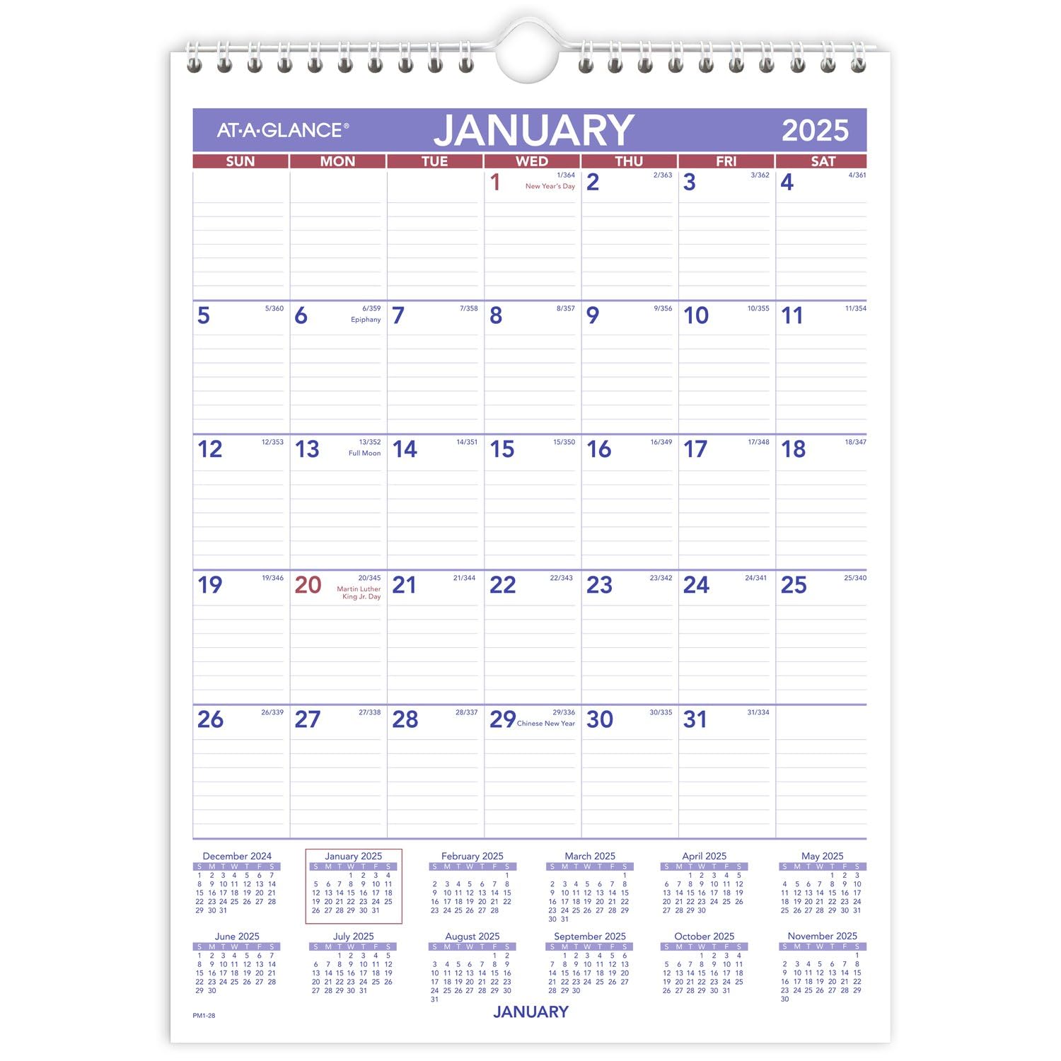 AT-A-GLANCE 2025 Wall Calendar, 8" x 11", Small, Ruled Blocks (PM12825)