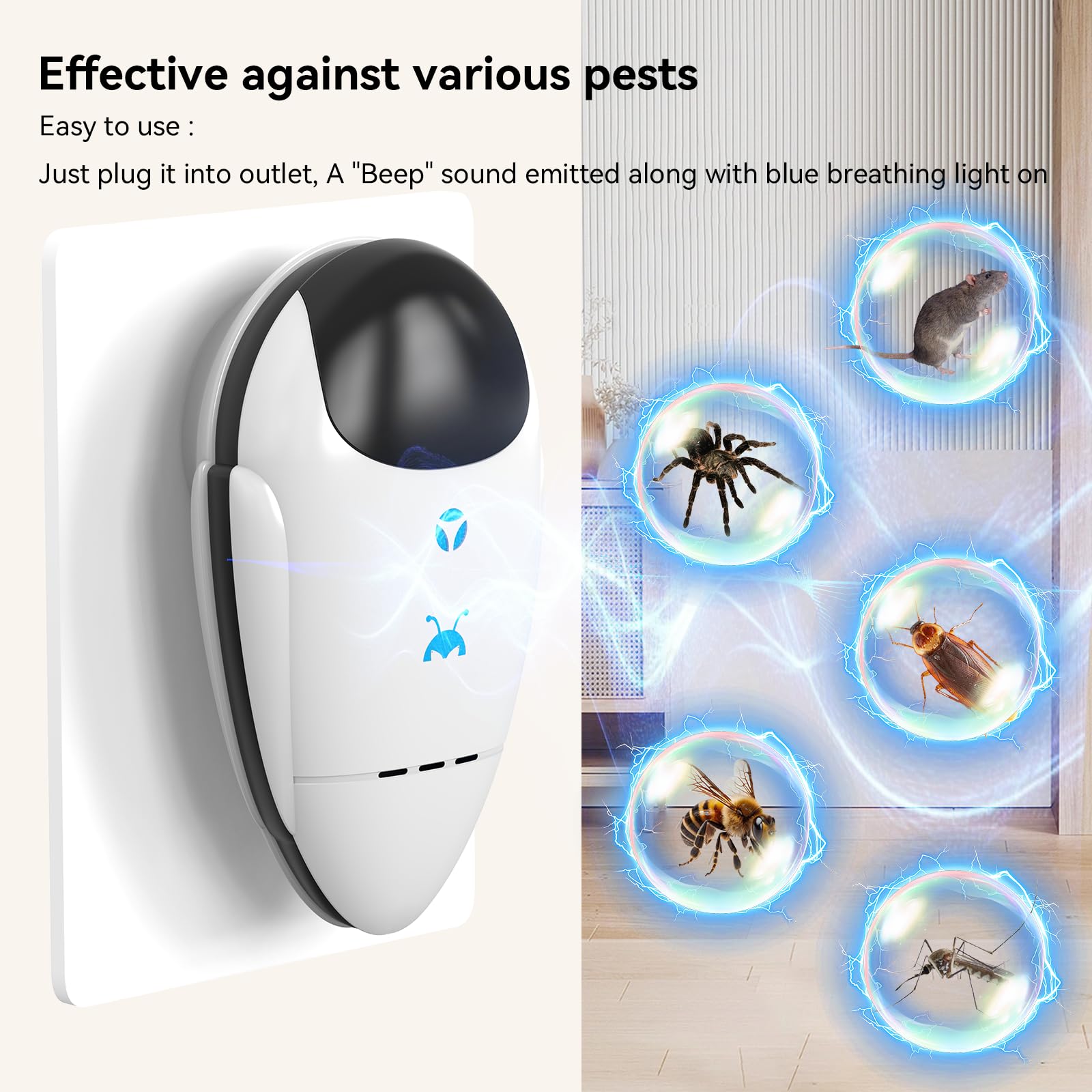 2025 Upgraded Ultrasonic Repeller & Insect Indoor Repeller, Ultrasonic Plug in Repellent for Roach, Rodent, Mouse, Bugs, Mosquito, Mice, Spider, Ant, Electronic Pest Deterrent, 4 Packs