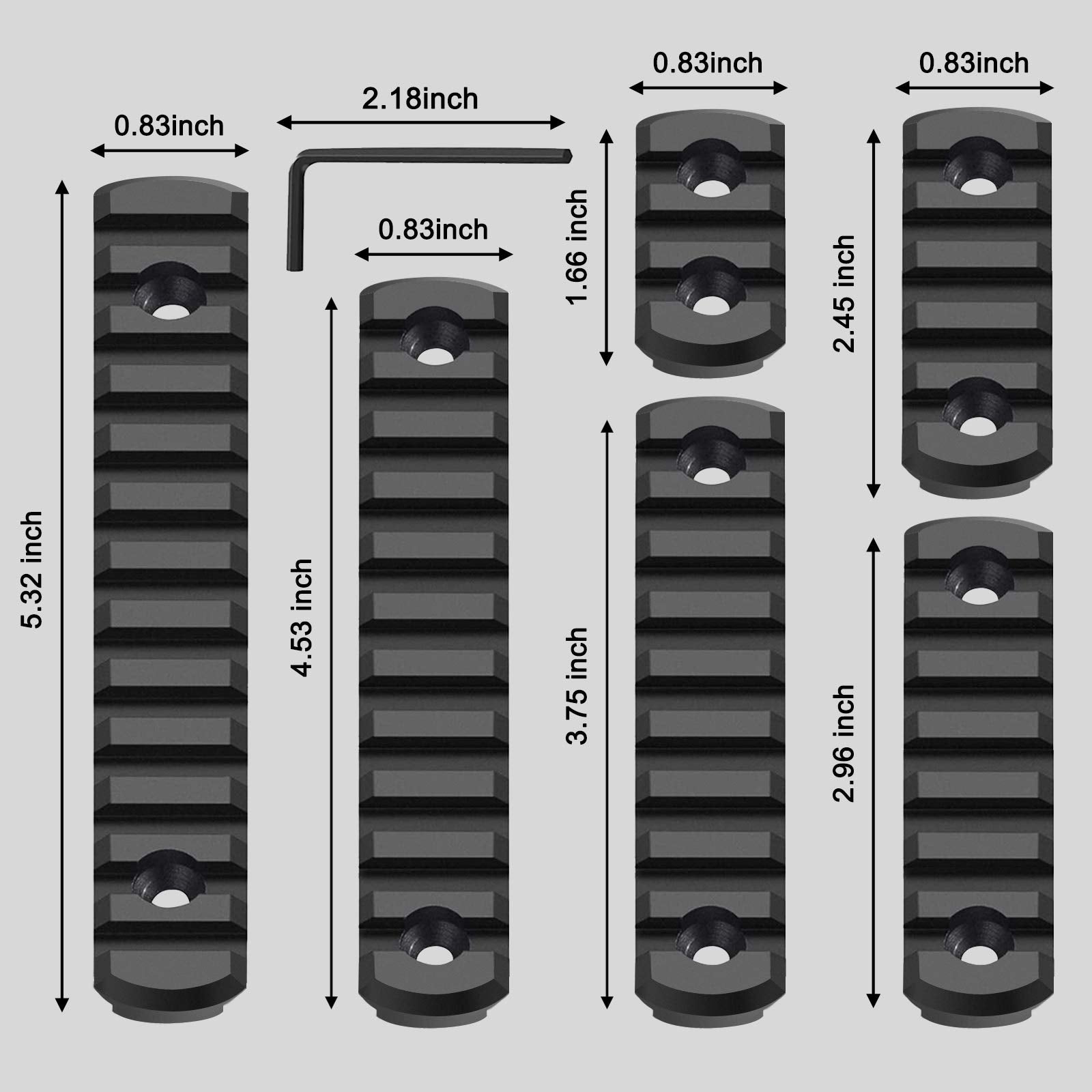 Bontok Single Picatinny Aluminum Accessory Rail Set 3 5 7 9 11 13 Slots with 13 T-Nuts & Screws, 6 Wrench-Rounded Corner