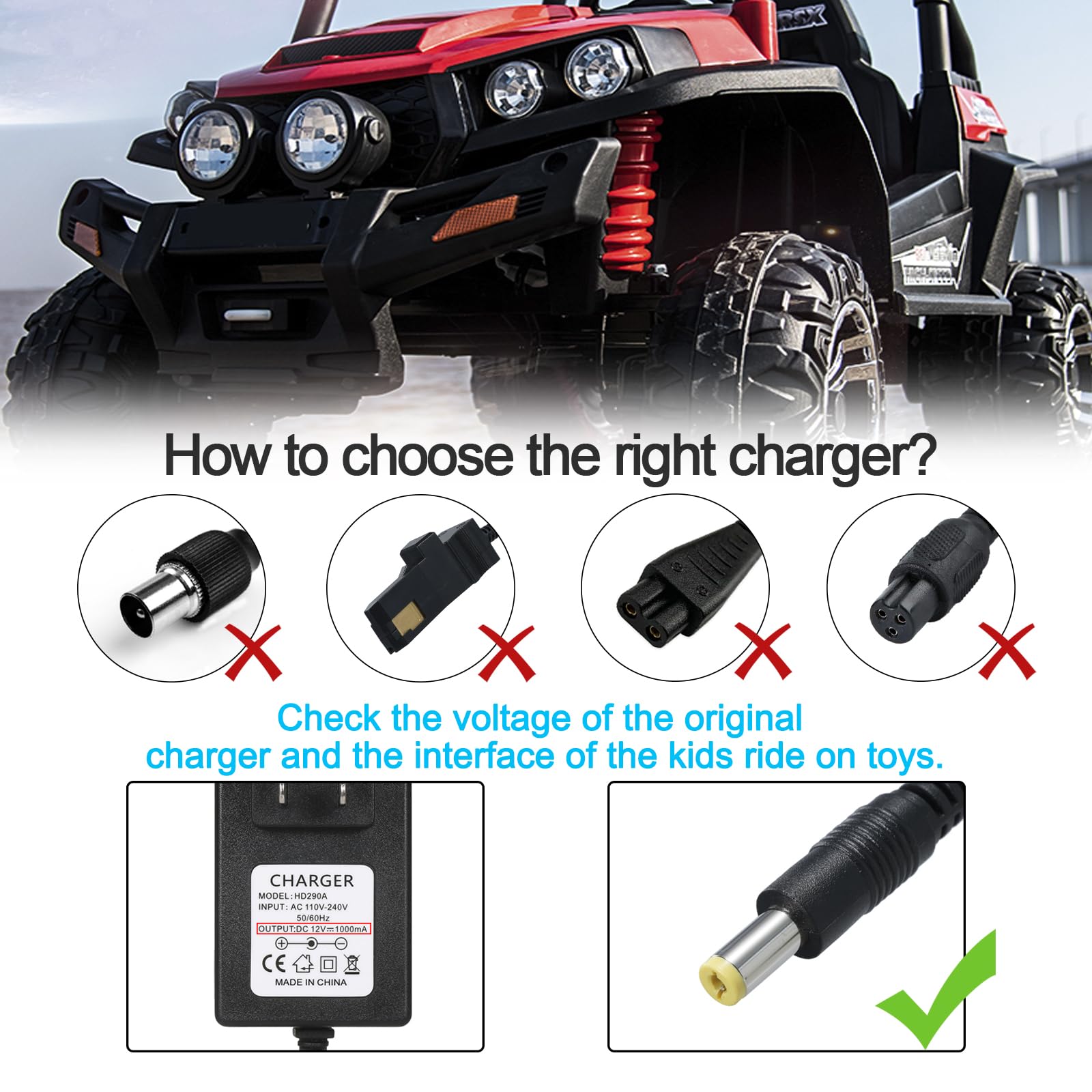 12V Kids Charger for Ride On Car, 12V Various Electric Ride-on Toys Car Battery Charger，12 V Universal Kids Riding Toy Chargers