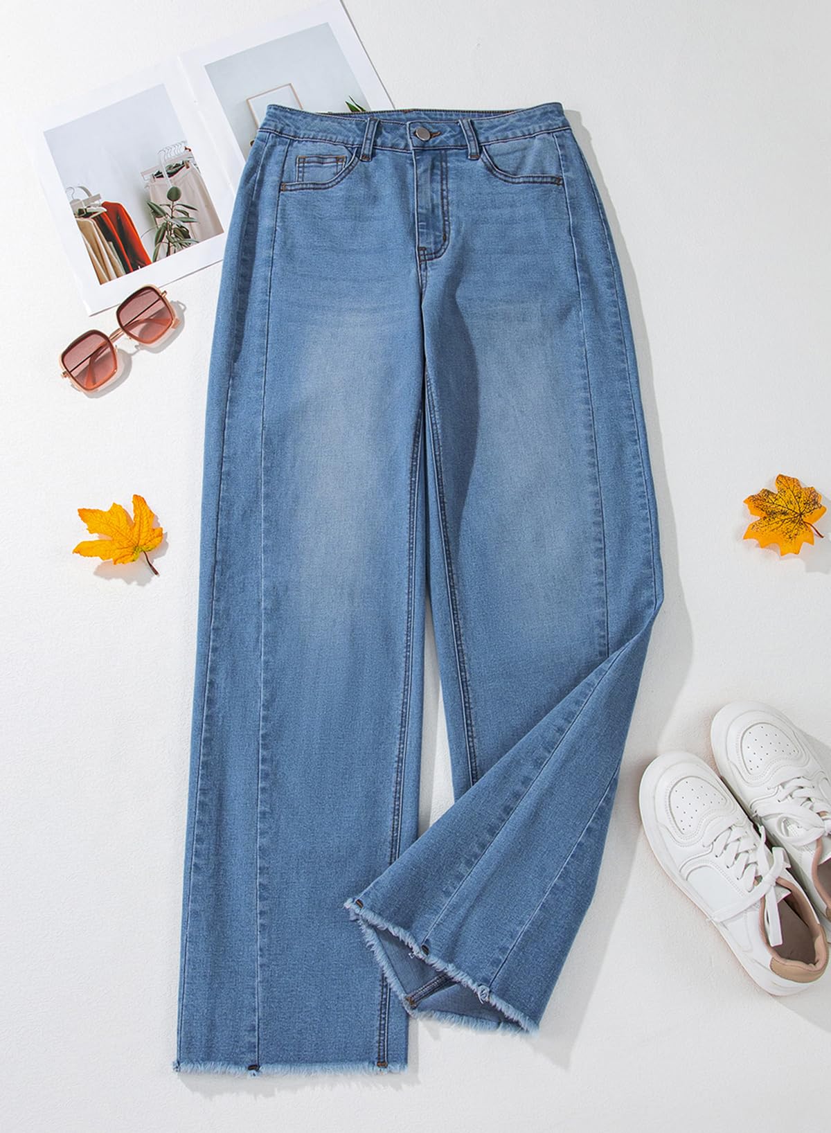 Sidefeel Women's Wide Leg Jeans High Waisted Stretchy Raw Hem Denim Pants Size 10 Blue