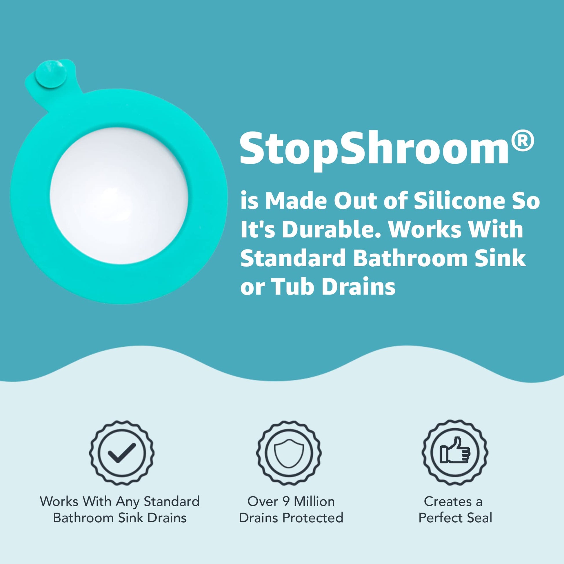 StopShroom STBLU232 Universal Stopper Plug Cover for Bathtub, Bathroom and Kitchen Drains, Aqua