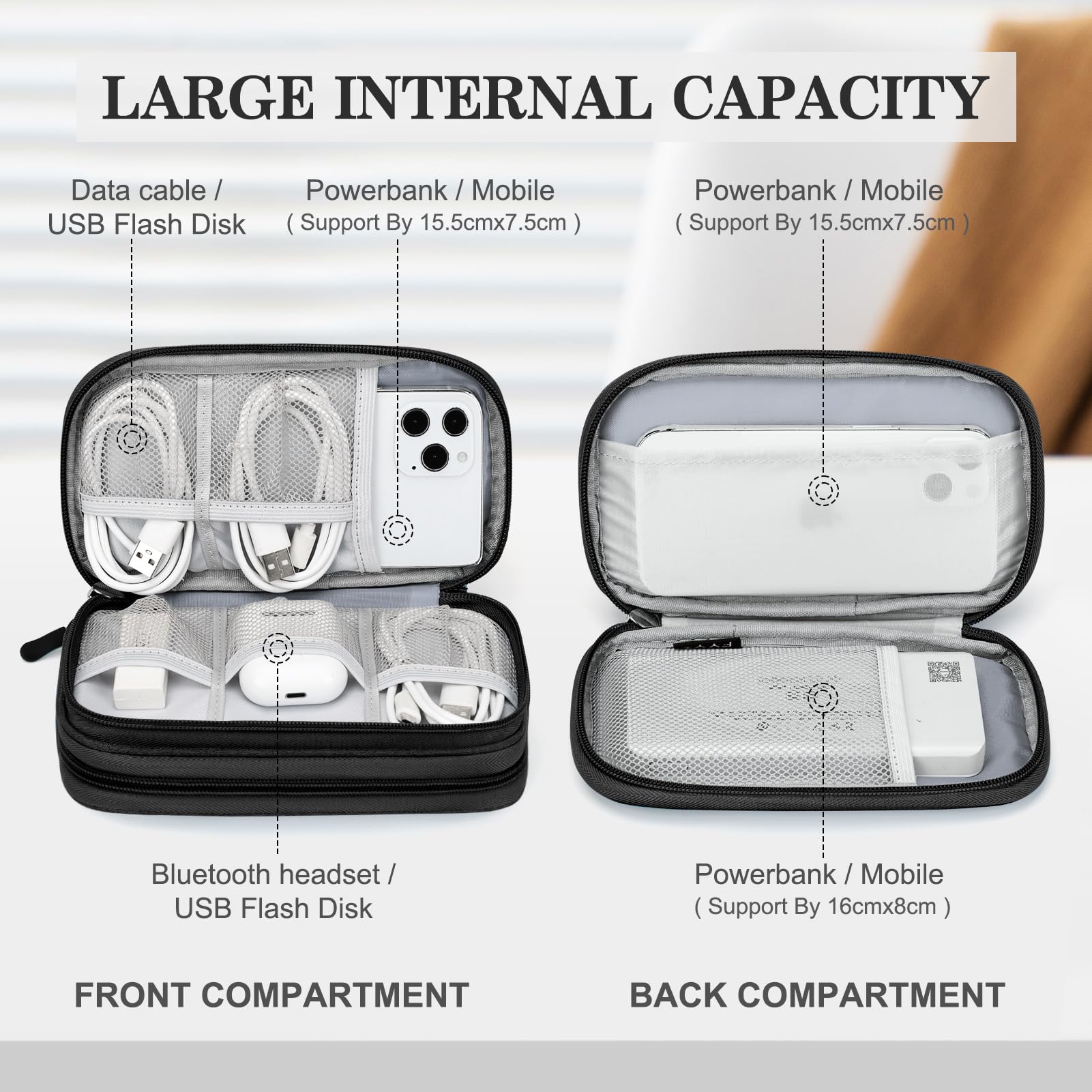 FYY Travel Cable Organizer Pouch Electronic Accessories Carry Case Portable Waterproof Double Layers All-in-One Storage Bag for Cord, Charger, Phone, Earphone Black