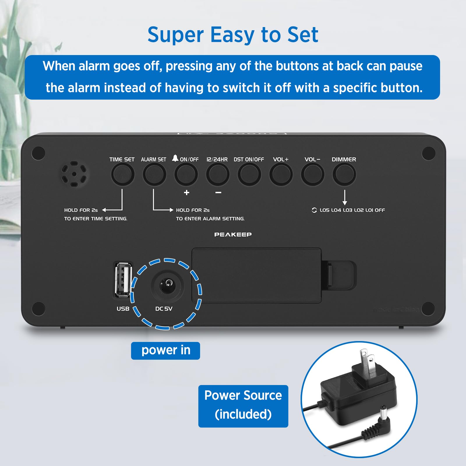 Peakeep Digital Alarm Clock for Bedroom Bedside, Loud Alarm Clock for Heavy Sleepers, Large Big LED Numbers for Seniors, Battery Backup Plug in Electric Clock with USB Charger (Blue)