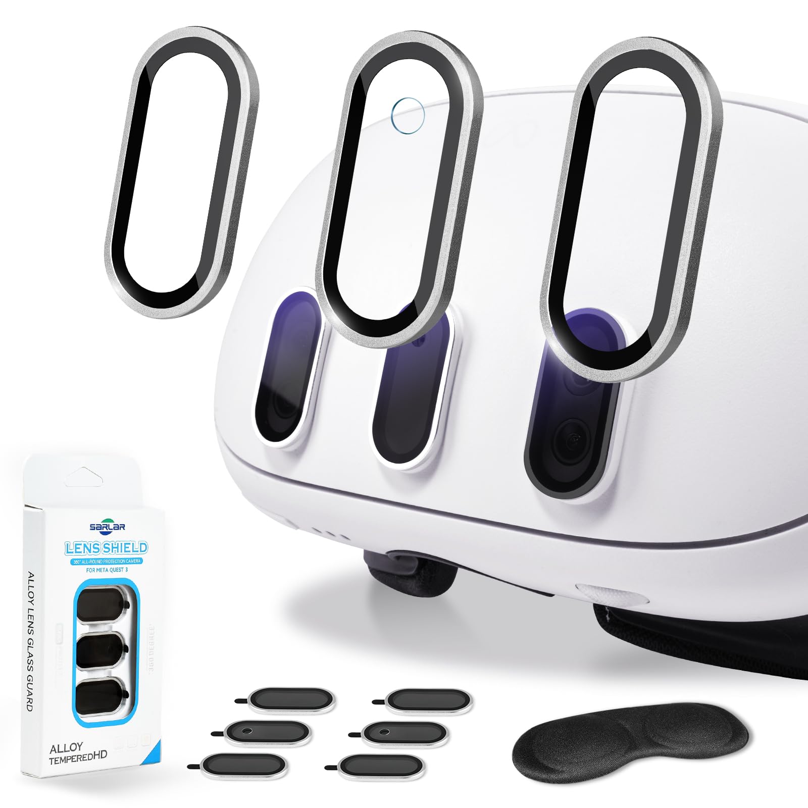 2 Pack Camera Lens Protector and 1 Build-in Lens Cover for Oculus Meta Quest 3 Accessories, Alloy Frame, 9H Hardness Tempered Glass, Anti-Scratch, High Definition, Case Friendly, Silver