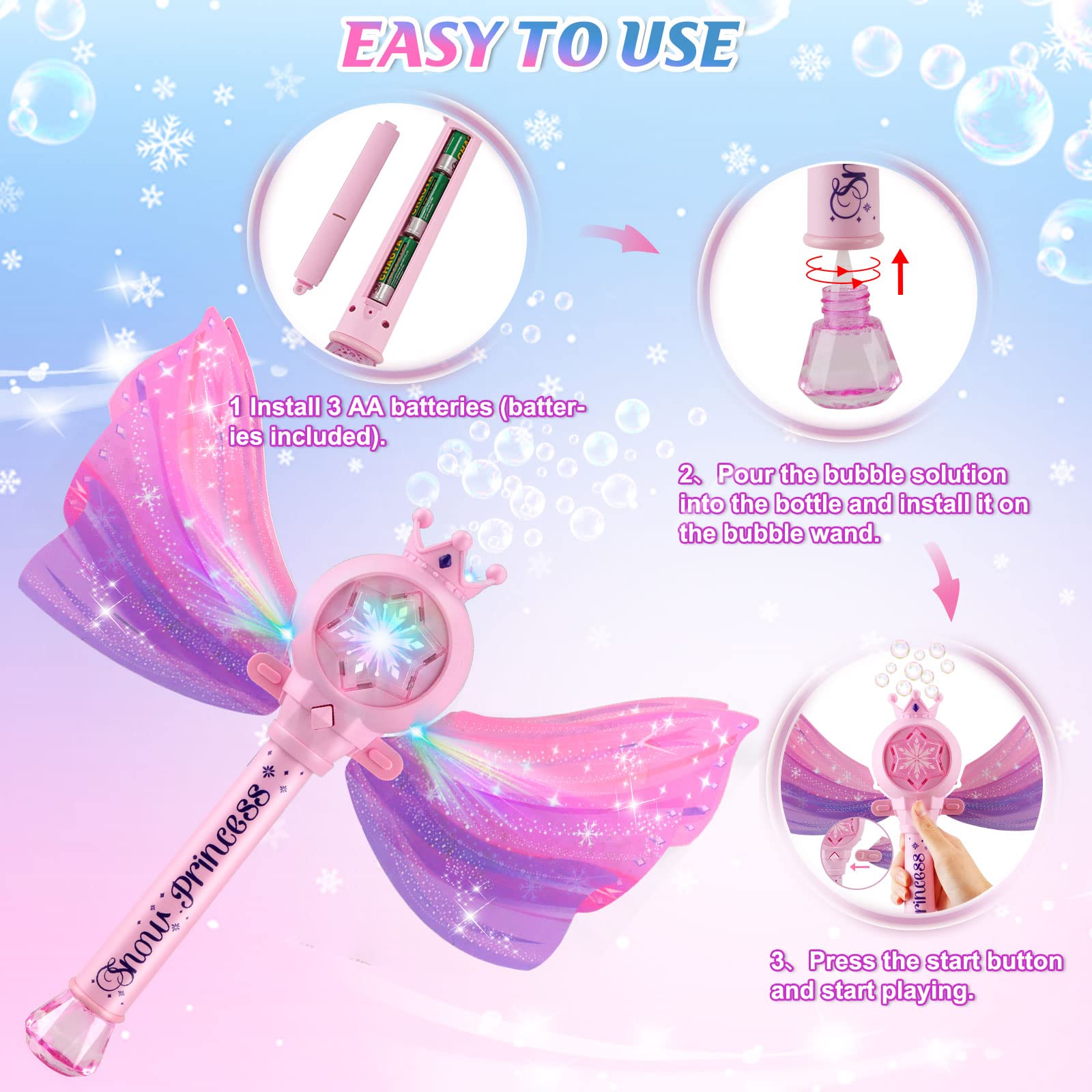 Britik Bubble Wands for Kids Girls - LED Light & Music Bubble Machine: 3 AA Batteries & 2 Bubble Solutions, Outdoor Party Birthday Toys for Toddlers, Gift for 3 4 5 6 7 8 Year Old Girls