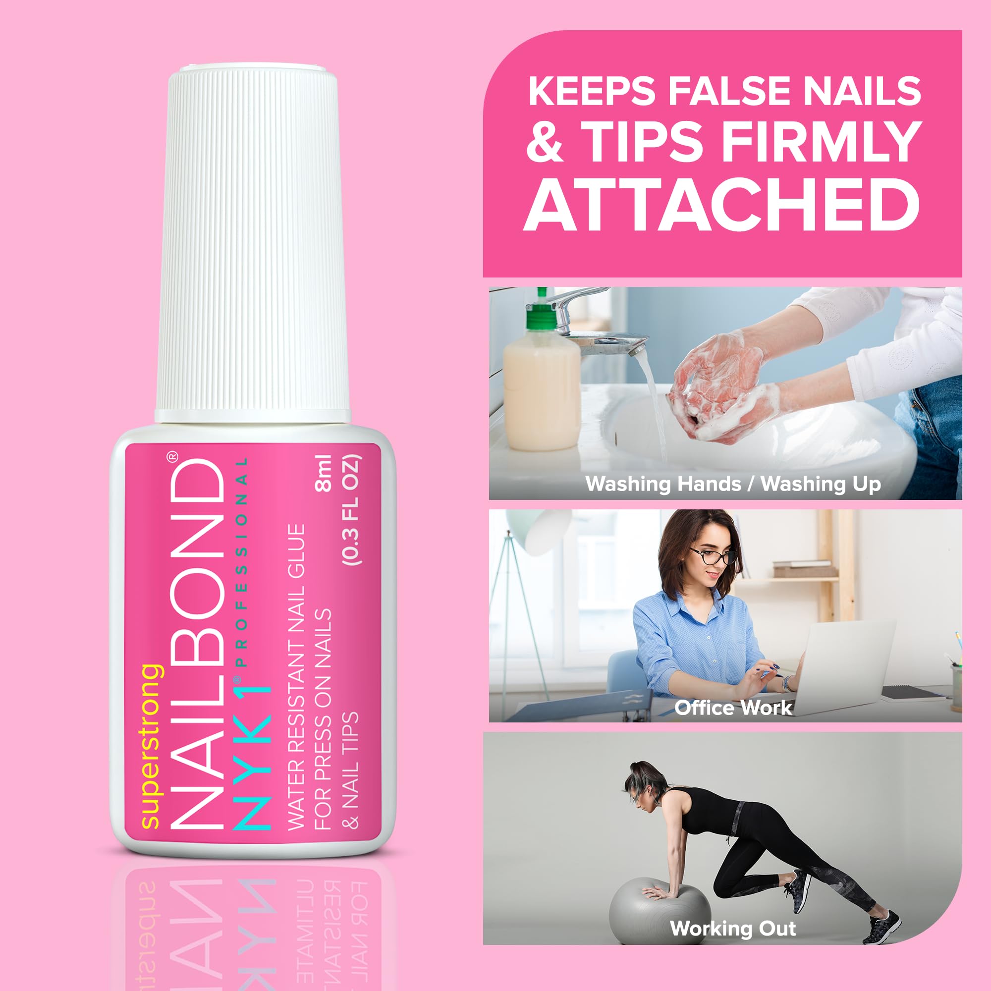 Super Strong Nail Glue for Press On Nails, Nail Tips & Acrylic Nails (8ml) NYK1 NailBond Brush On Glue for Press Ons, Tips & Acrylics - Long Lasting, Maximum Strength, Mess-Free Application