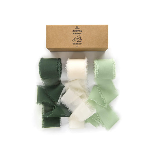 Vitalizart Handmade Chiffon Silk Ribbon Fringe Green & Cream 1.5" x 21 Yd Frayed Edges Ribbons for Wedding Invitations Bridal Bouquets Gifts Wrapping Crafts Holiday Party Decorations