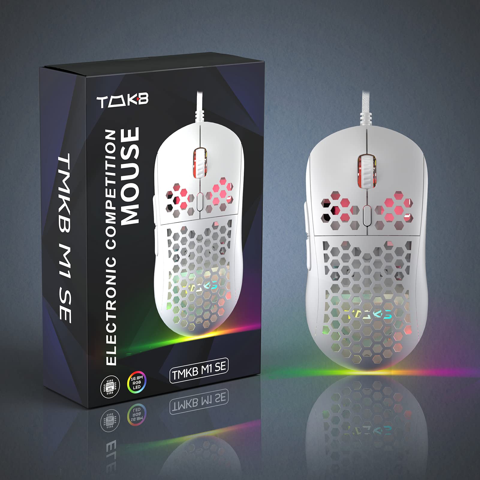 TMKB Falcon M1SE Ultralight Honeycomb Gaming Mouse, High-Precision 12800DPI Optical Sensor, 6 Programmable Buttons, Customizable RGB, Drag-Free Paracord, Ergonomic, Wired - Matte White