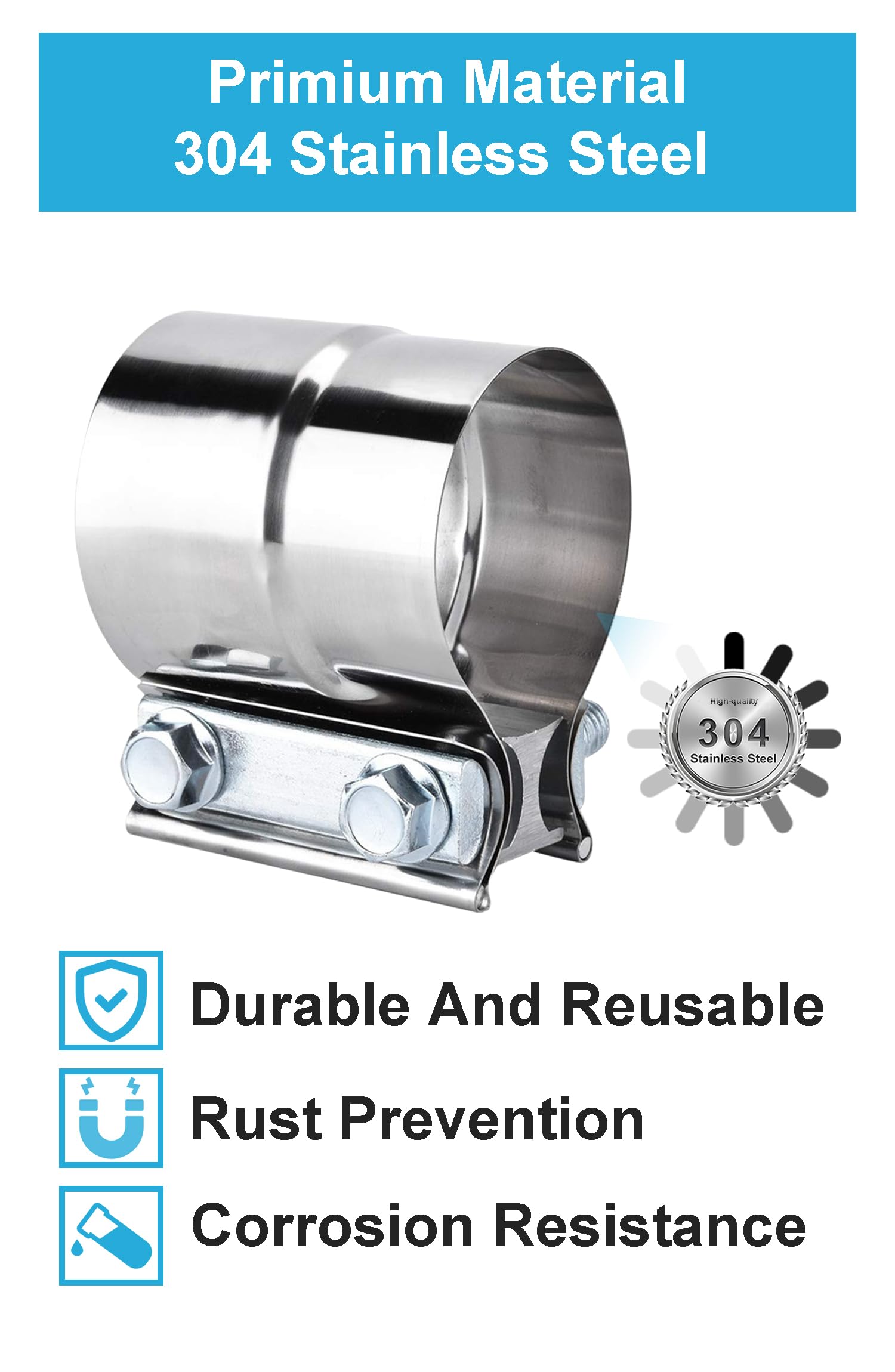 DecoHongDi 2.5 Inch Exhaust Clamps 2 Packs,2 1/2in Lap Joint Band Clamp 304 Stainless Steel for Muffler Pipe Repair,Catalytic Converters