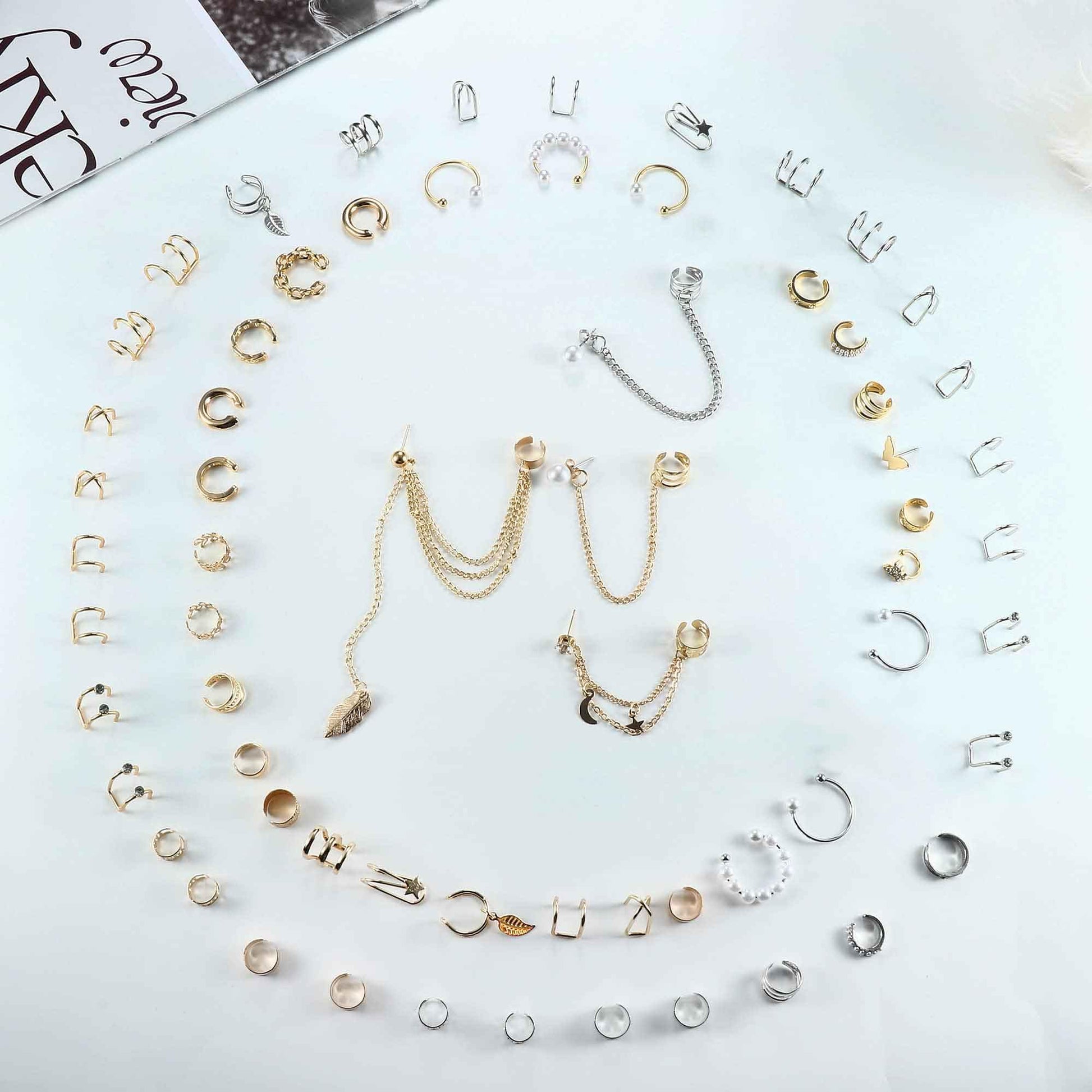 BESTEEL 66 Pcs Ear Cuff Earrings for Women Non Piercing, Hypoallergenic Silver Clip on Cartilage Fake Earrings for Sensitive Ears, Gold Ear Wrap Earrings for Helix Cartilage, Cross X Double Line Cat Claw Cz Pearl Star Butterfly Ear Cuffs Non Piercing