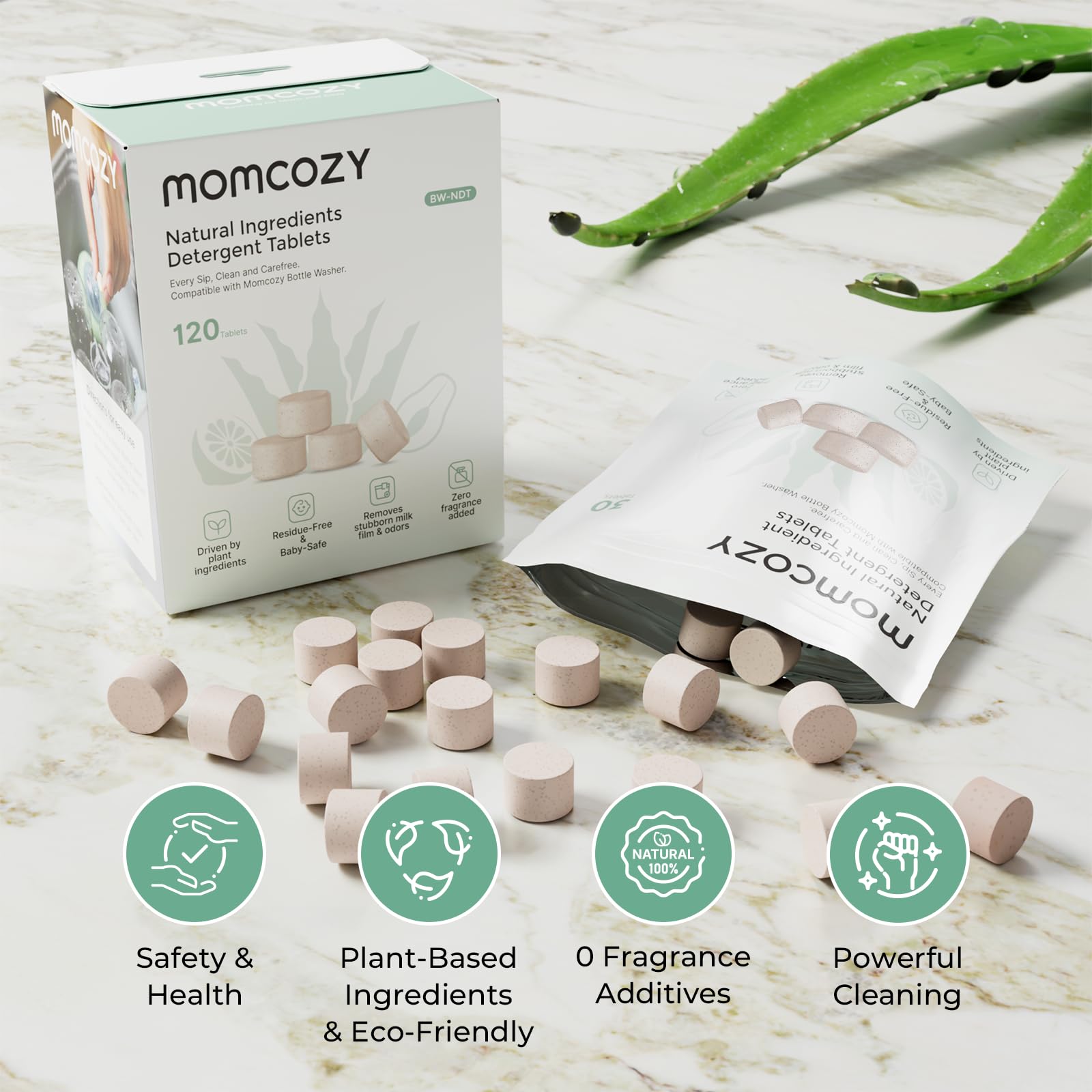 Momcozy Natural Washing Block for Baby Bottle Washer, Powerful Plant-Based Formula, Safe & Residue-Free, 120 Tablets