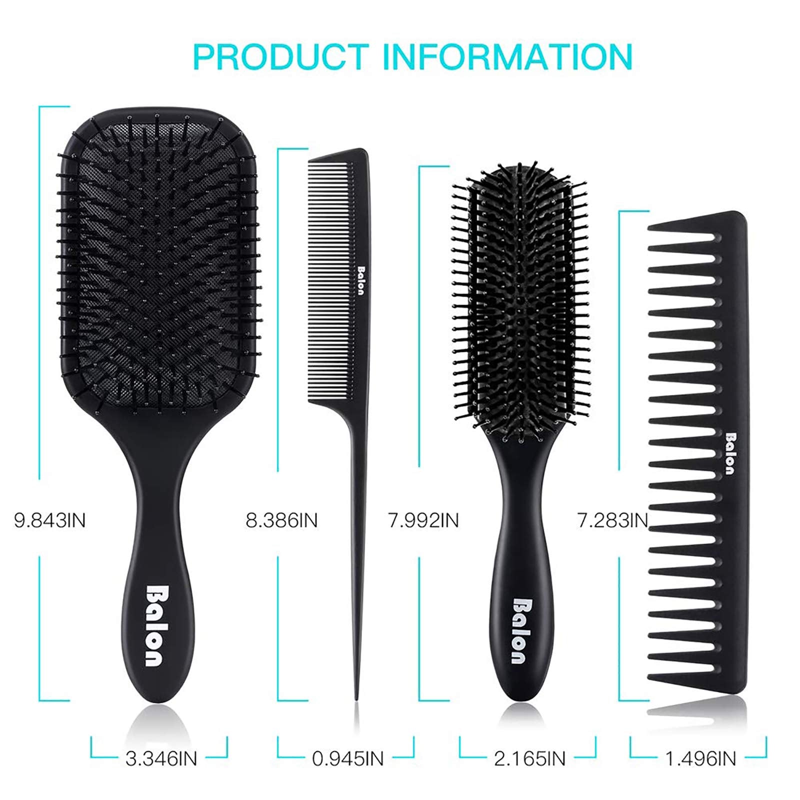 Balon Hair Brush for Women and Men, 4Pcs Paddle Brush Detangling Brush Hair Comb Set for Long Thick Thin Curly Hair, Hairbrush Great On Wet or Dry, No More Tangle